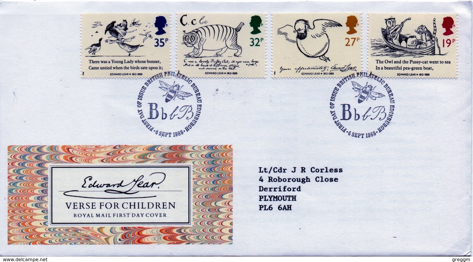 GB First Day Cover To Celebrate Death Centenary Of Edward Lear 1988. - 1981-1990 Decimal Issues