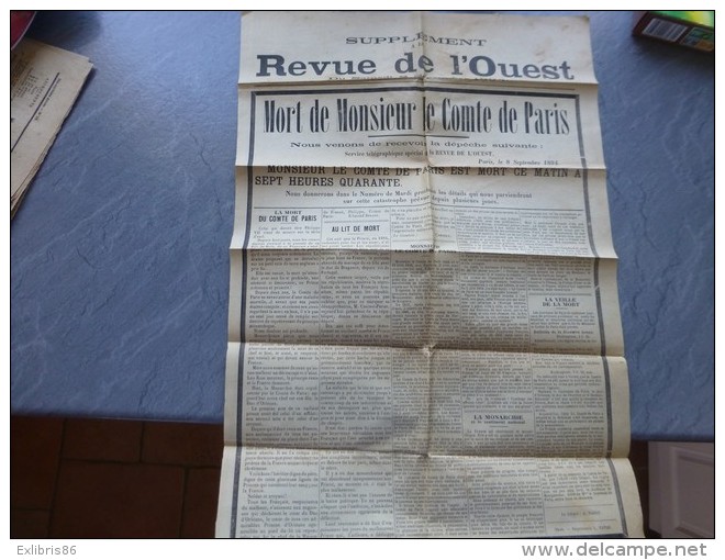 Revue De L'Ouest, Supplément 8 Septembre 1894 MORT Du Comte De Paris, AFFICHE ; Ref 537 G 21 - 1850 - 1899