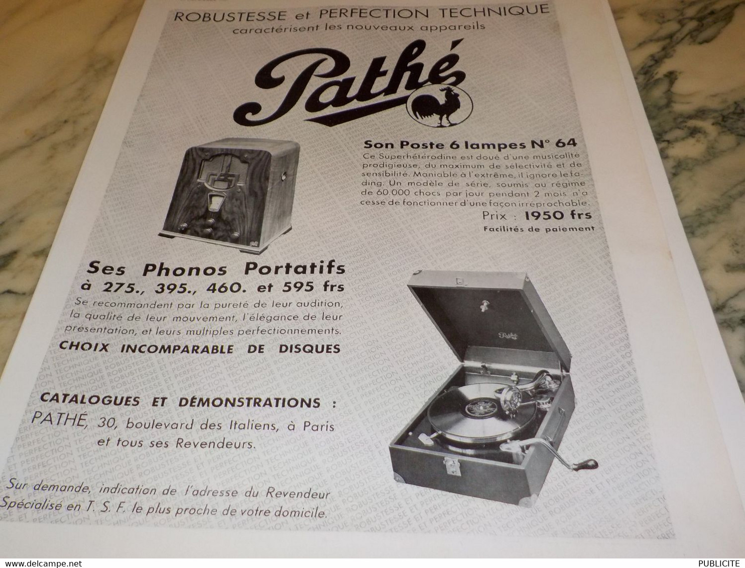 ANCIENNE PUBLICITE PHONO SON POSTE PATHE 1933 - Advertising