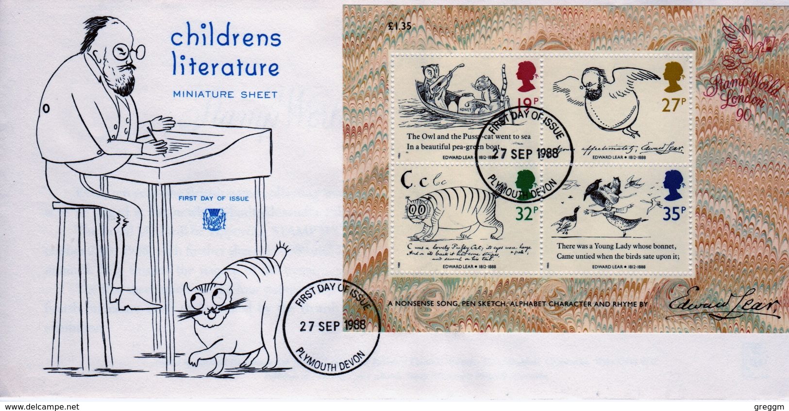 GB First Day Cover With Mini Sheet To Celebrate Death Centenary Of Edward Lear 1988. - 1981-1990 Decimal Issues