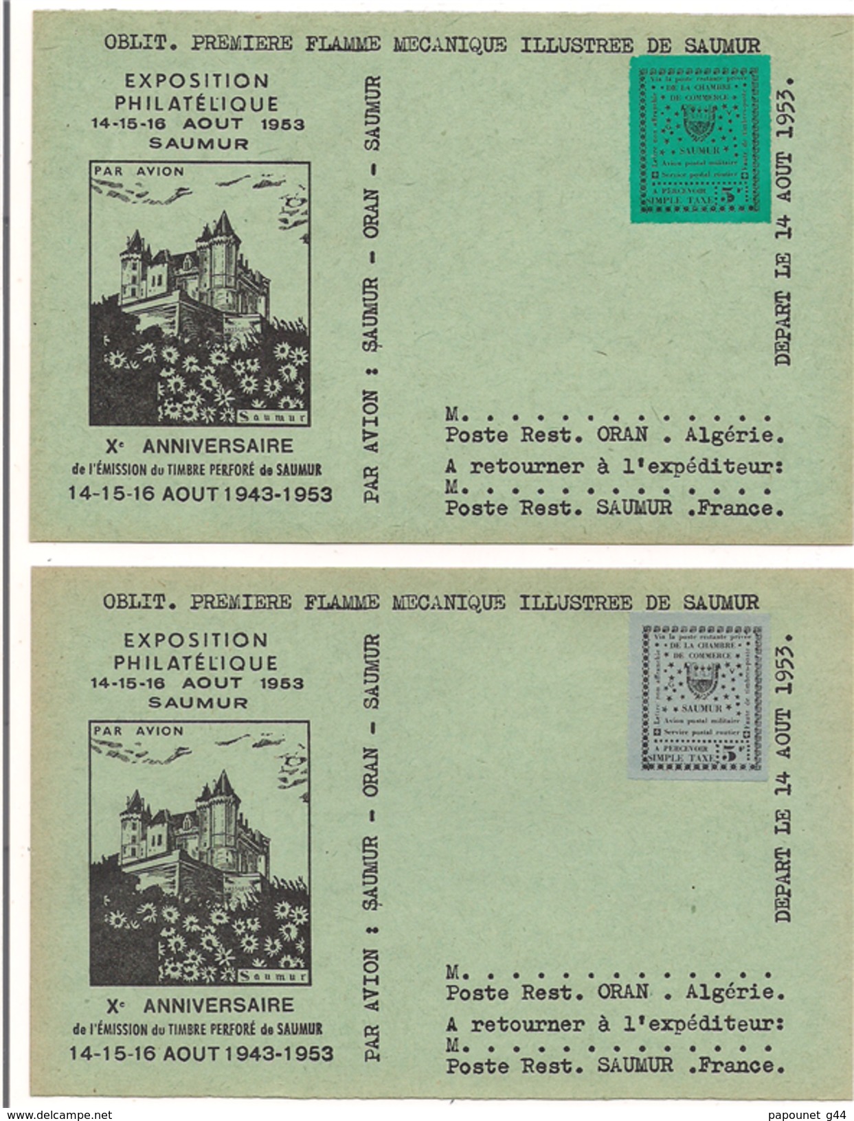 Lot De 4 CP Exposition Philatélique 1953 Saumur AvecTimbre De Grève Pour Le X Anniversaire - Other & Unclassified