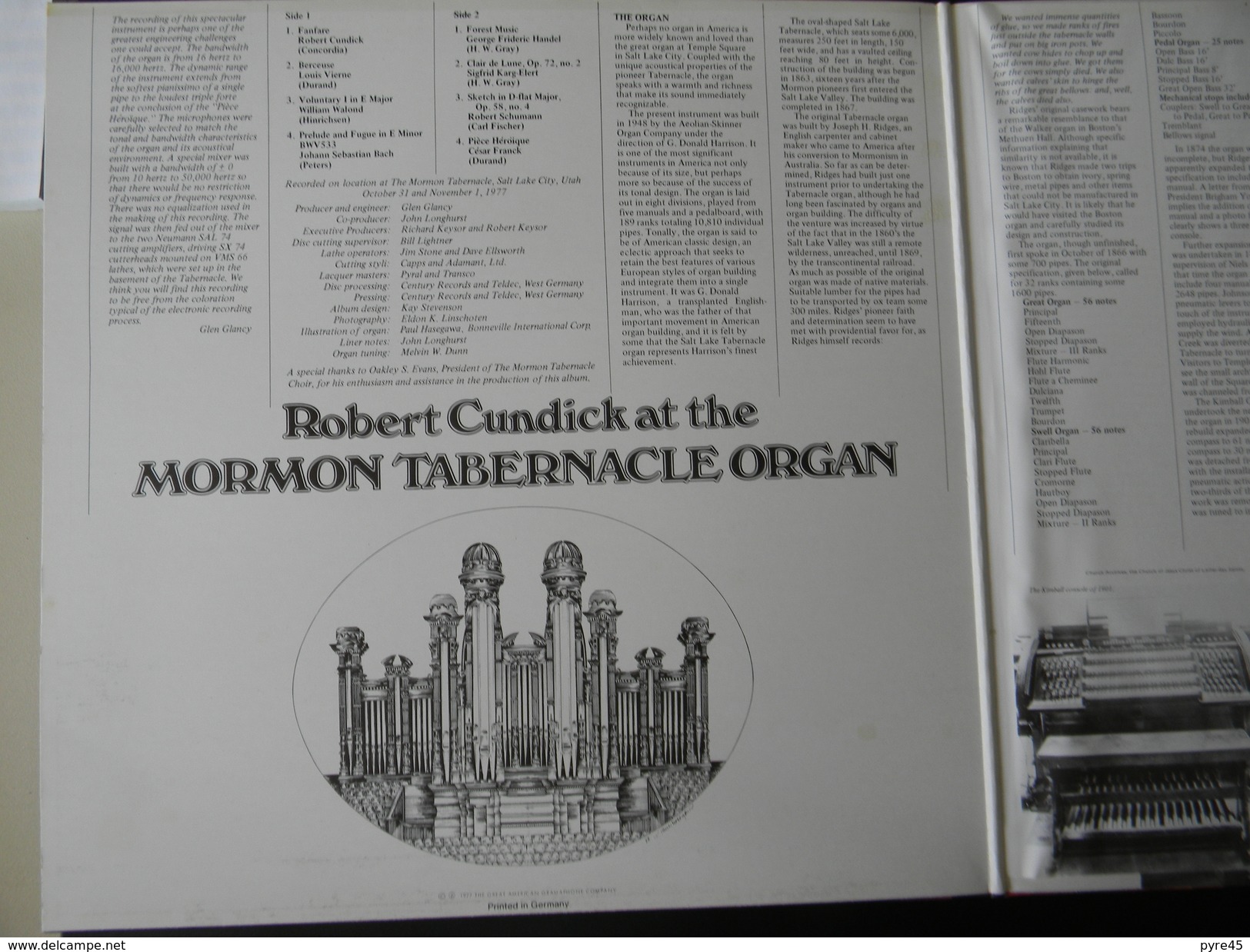 33 TOURS ROBERT CUNDICK CENTURY RECORDS DADD 1040 AT THE MORMON TABERNACLE ORGAN - Instrumental