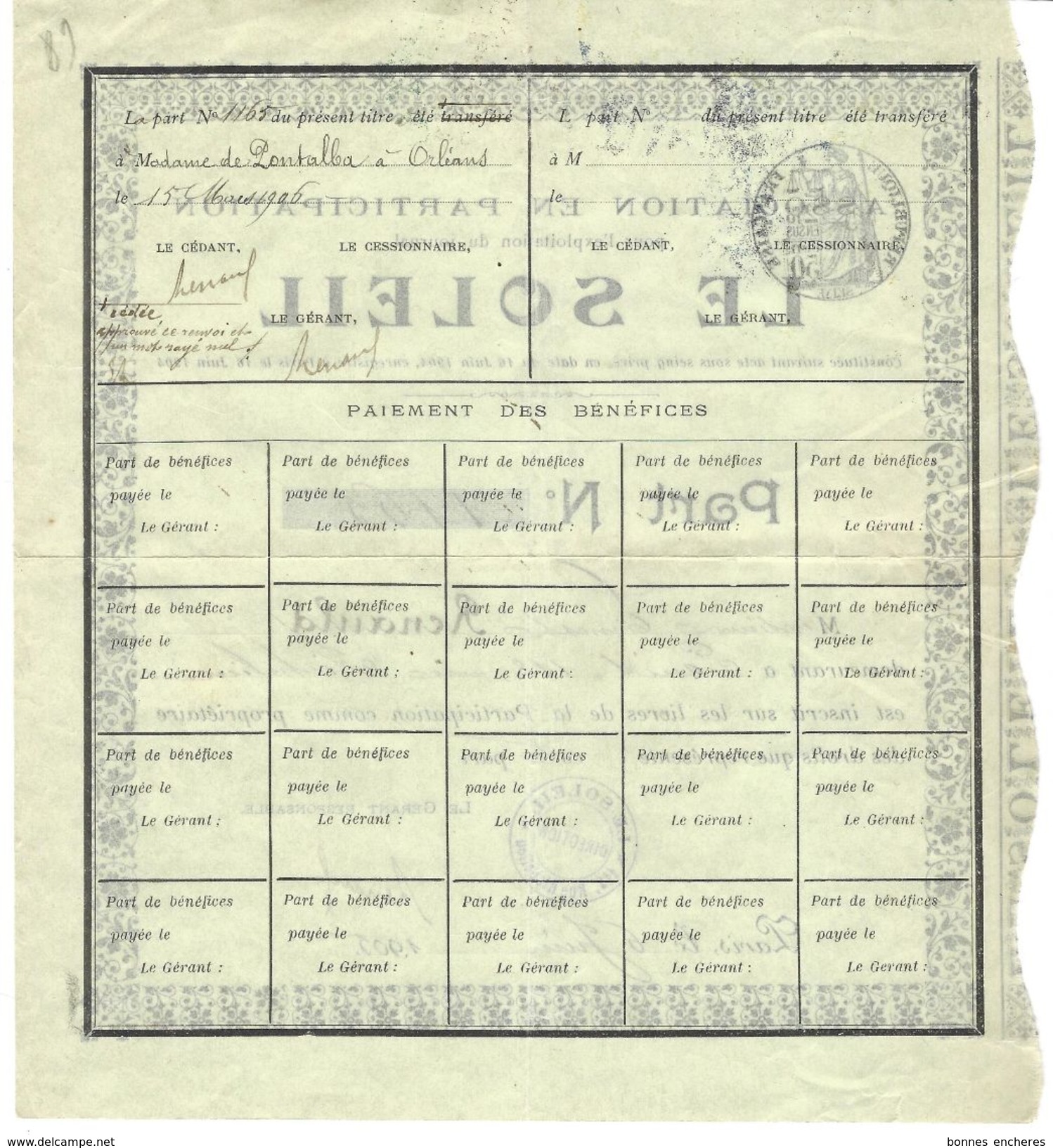 1905 ACTION SOCIETE EN PARTICIPATION LE SOLEIL JOURNAL  JOURNEAUX  A PARIS Au Nom De Mr RENAULD - Autres & Non Classés