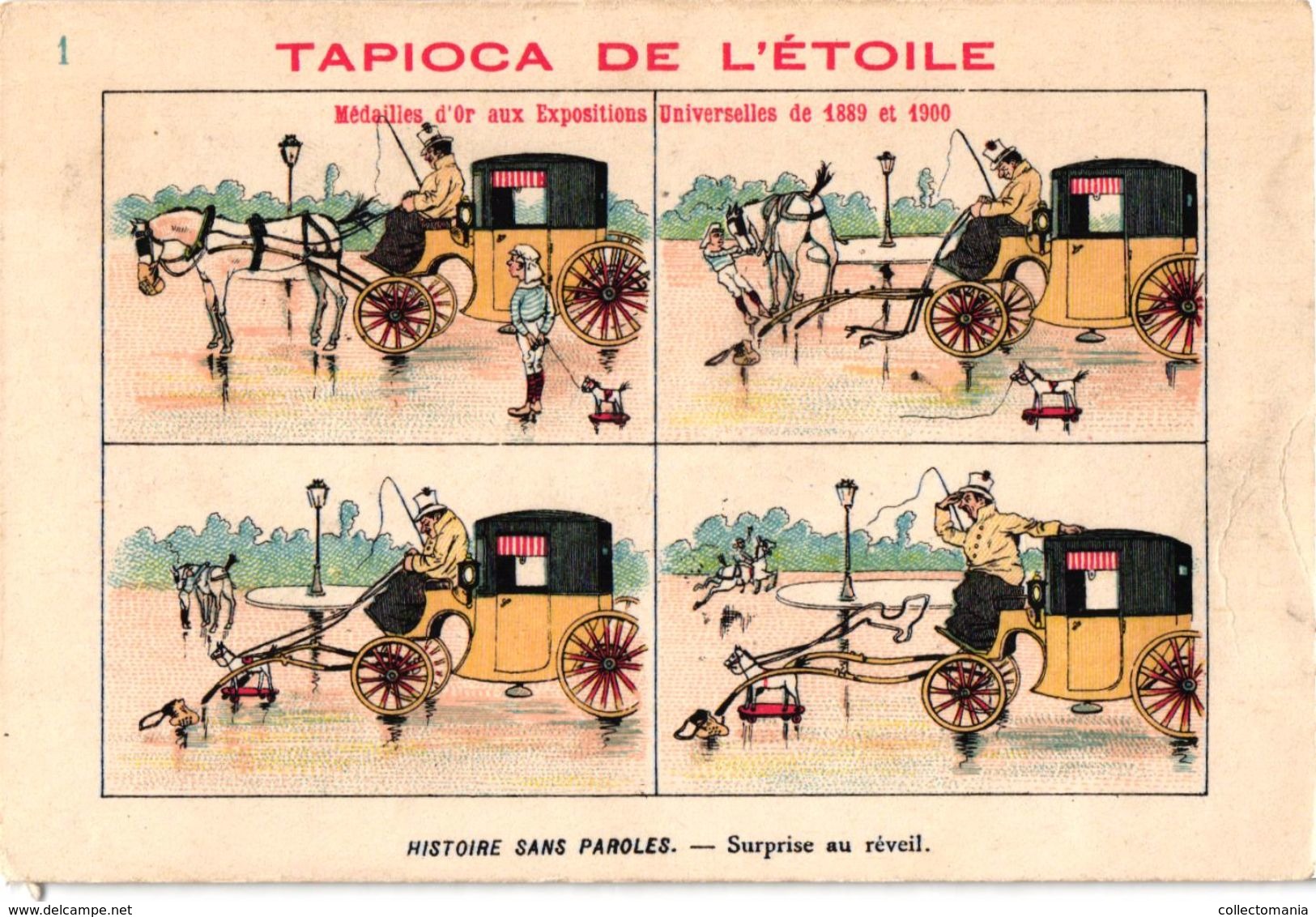 19 cartes litho chromos TRES ANCIENS c1890, comme bandes dessinés, publicitaires Tapioca; imprimeur COURBE ROUZET