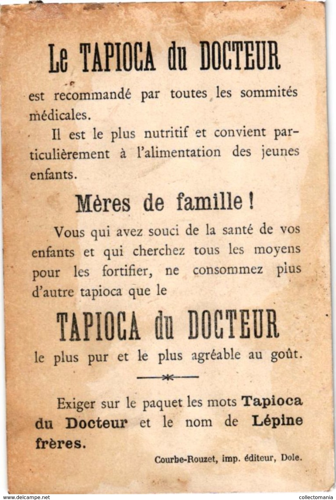 19 cartes litho chromos TRES ANCIENS c1890, comme bandes dessinés, publicitaires Tapioca; imprimeur COURBE ROUZET