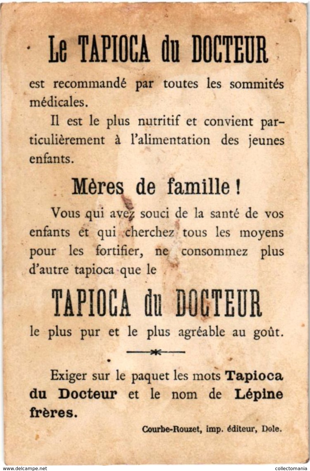 19 cartes litho chromos TRES ANCIENS c1890, comme bandes dessinés, publicitaires Tapioca; imprimeur COURBE ROUZET