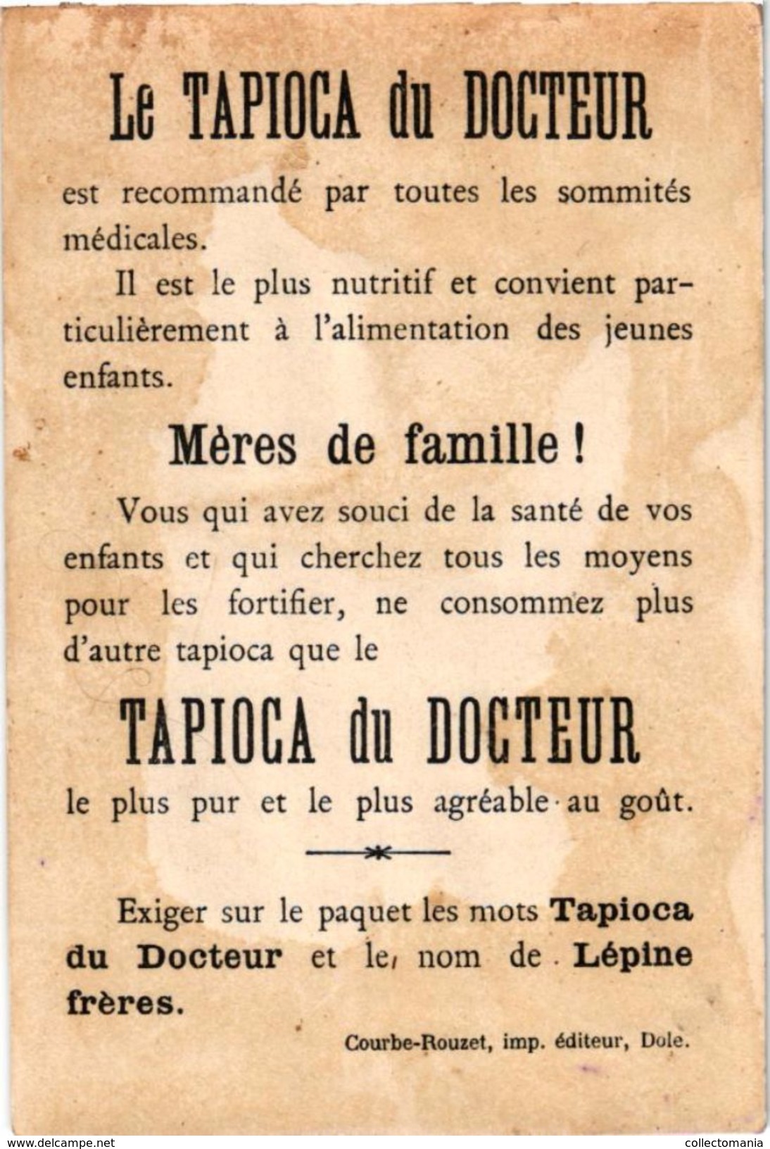 19 cartes litho chromos TRES ANCIENS c1890, comme bandes dessinés, publicitaires Tapioca; imprimeur COURBE ROUZET