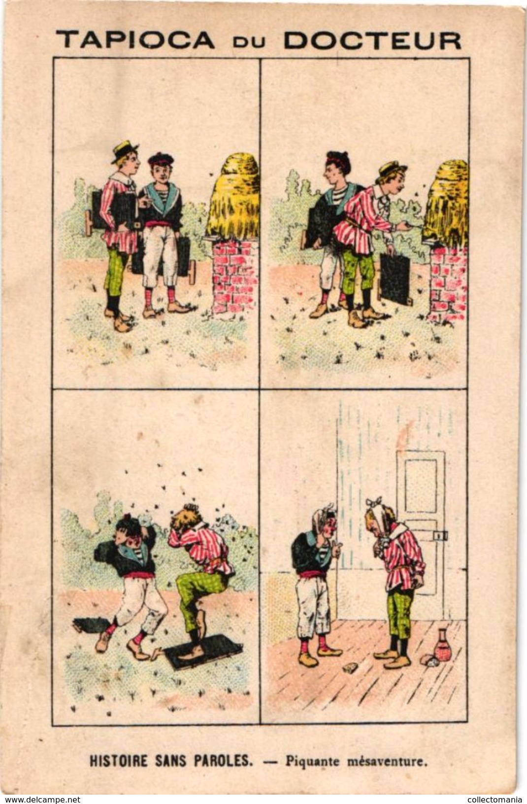 19 cartes litho chromos TRES ANCIENS c1890, comme bandes dessinés, publicitaires Tapioca; imprimeur COURBE ROUZET