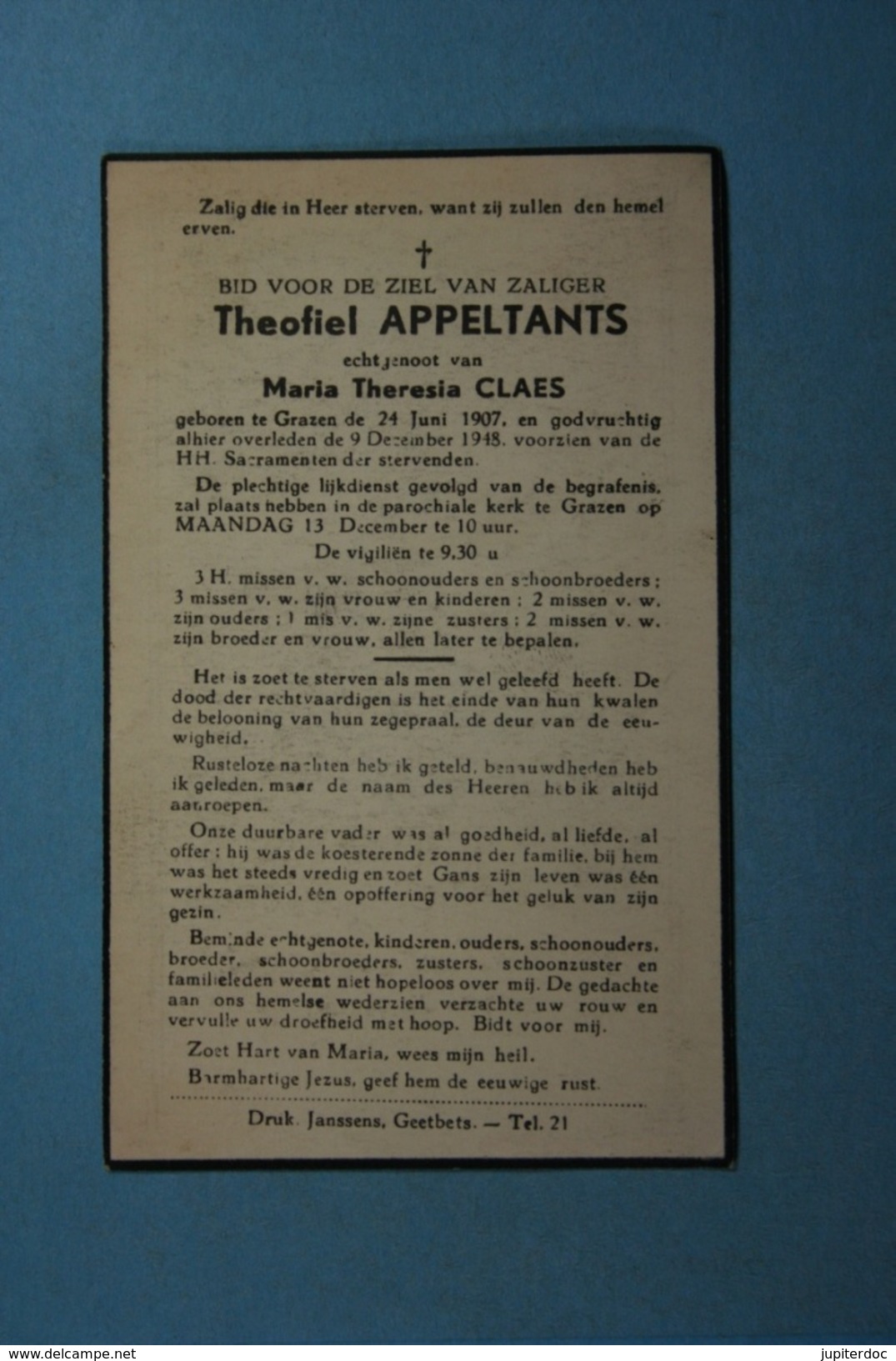 Theofiel Appeltants épx Claes Grazen 1907 1948  /029/ - Images Religieuses