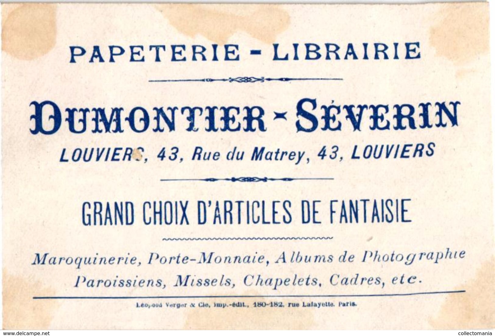 10 chromos PUB librarie 1890 publicitaires VERGER Dumontier Séverin LOUVIERS facteurs lettres cartes postales POST