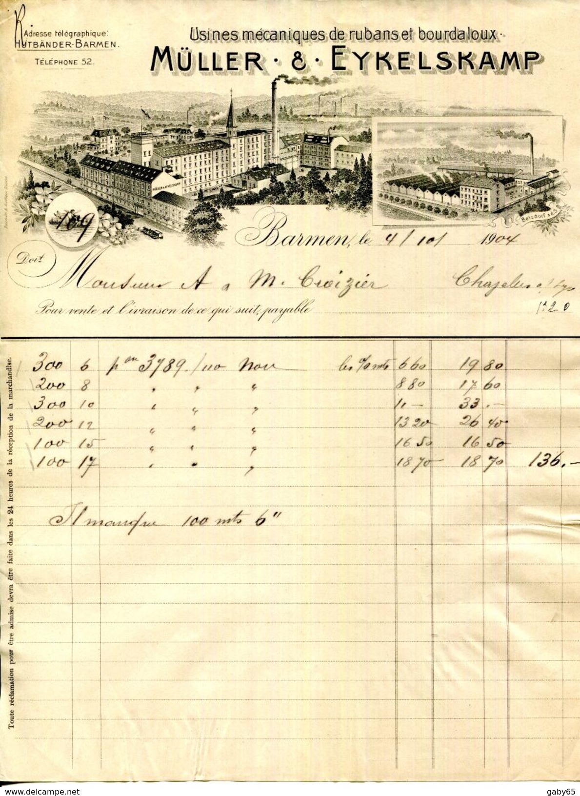 ALLEMAGNE.BARMEN.BETZDORF.USINES MECANIQUES DE RUBANS & BOUDALOUX.MÜLLER & EYKELSKAMP. - Textile & Vestimentaire