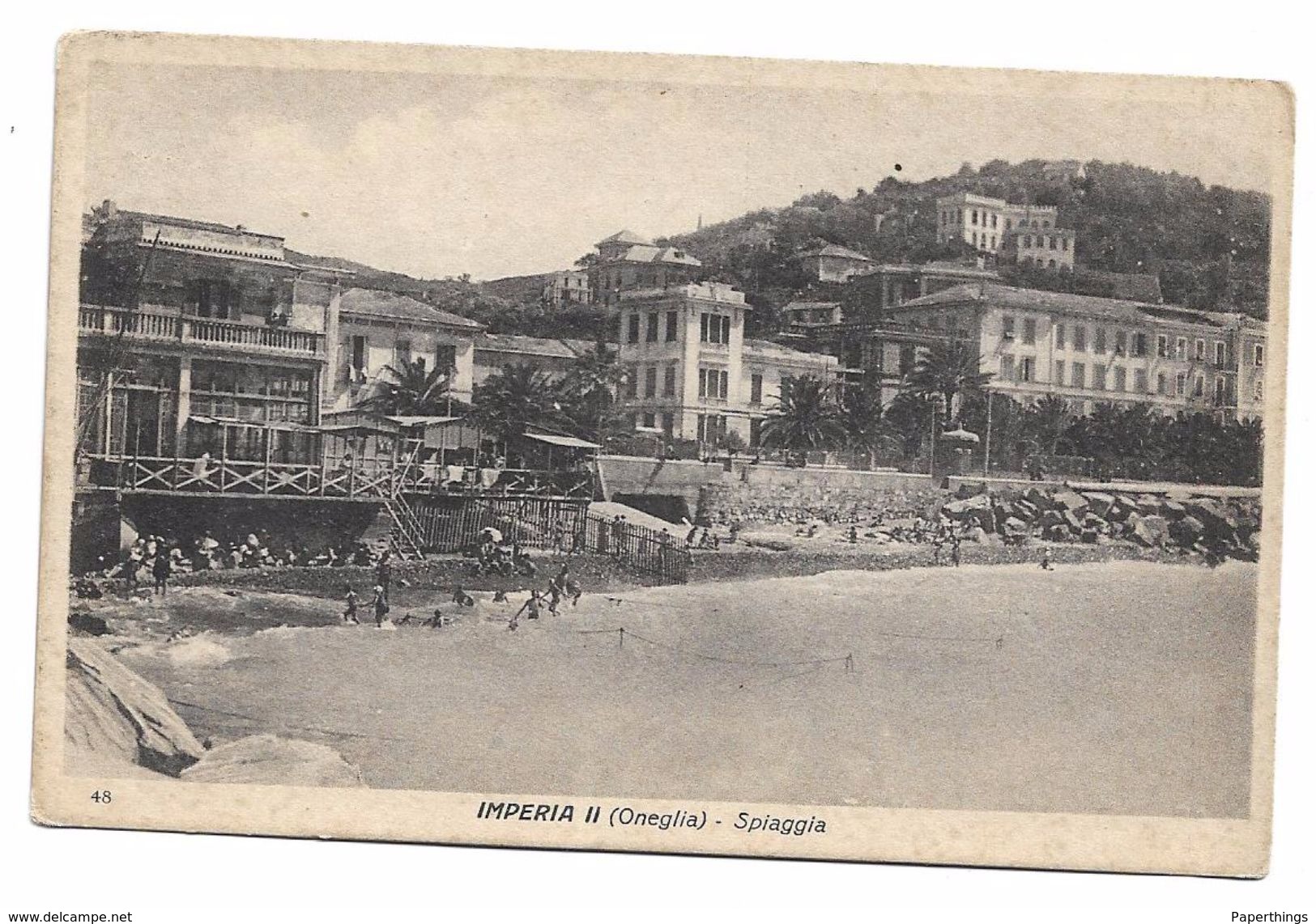 Old Postcard, Italy, 48 Oneglia Imperia 11 - Spiaggia, Beach Seaside Scene, Shops, Buildings, People. - Imperia