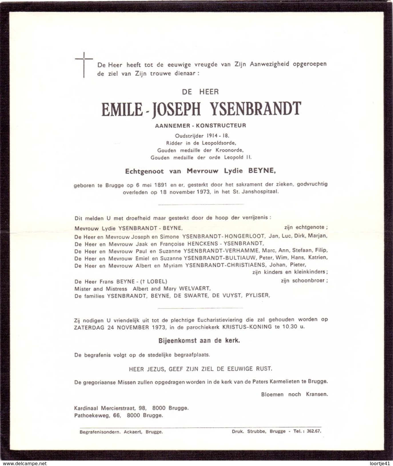 Devotie - Devotion - Overlijden Doodsbrief - Aannemer Emile Ysenbrandt - Brugge 1891 - 1973 - Décès