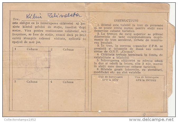 62151- TOURISTICAL AGENCY RAILWAY TICKET, FROM CLUJ NAPOCA TO POIENI, 1961, ROMANIA - Europa