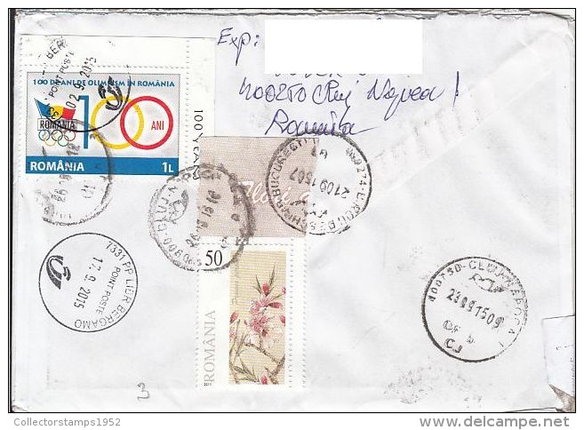 62190- ACTORS, OLYMPIC GAMES, FLOWERS, STAMPS ON REGISTERED COVER, 2015, ROMANIA - Covers & Documents