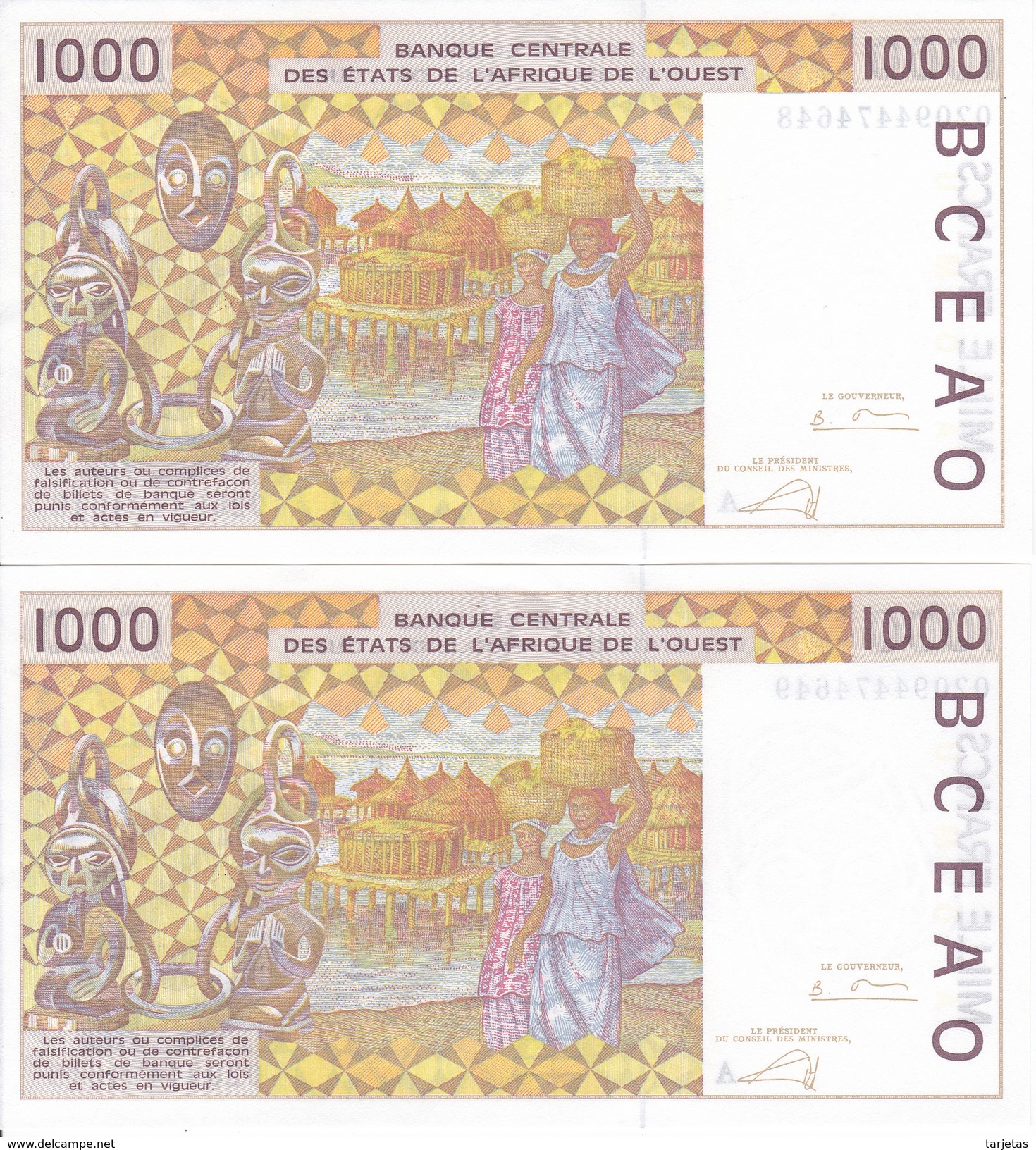 PAREJA CORRELATIVA DE COSTA DE MARFIL DE 1000 FRANCS DEL AÑO 1998 (BANKNOTE) SIN CIRCULAR-UNCIRCULATED - Costa De Marfil