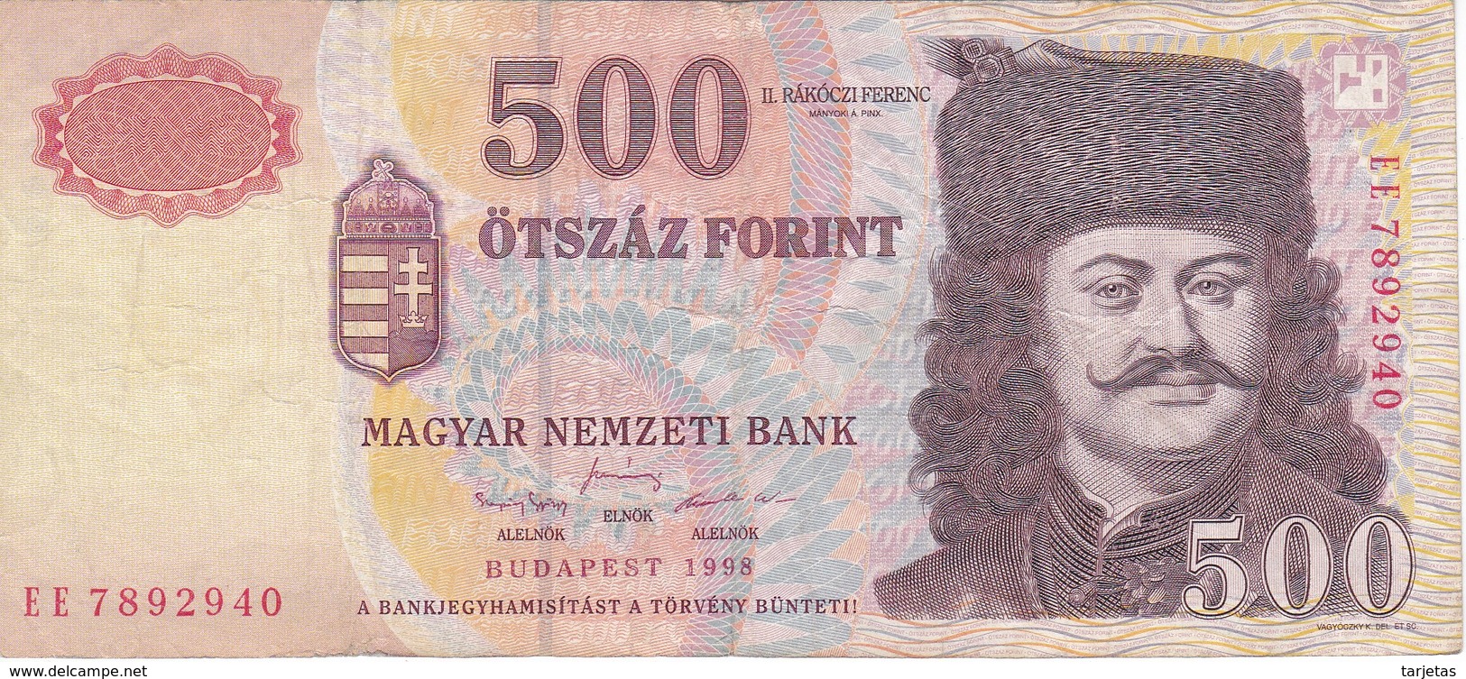 BILLETE DE HUNGRIA DE 500 FORINT DEL AÑO 1998  (BANKNOTE) - Ungheria