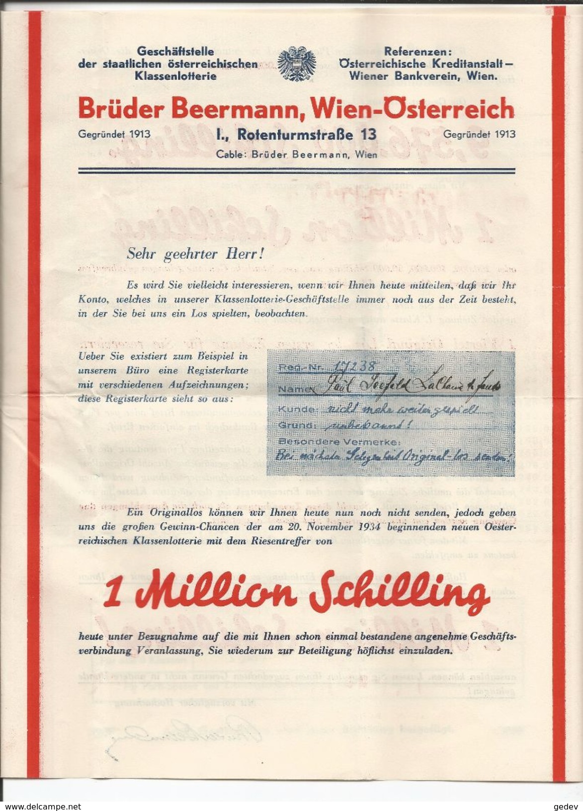 Autriche, Lettre Brüder Beermann Wien - La Chaux De Fonds CH (6.10.34) - Austria