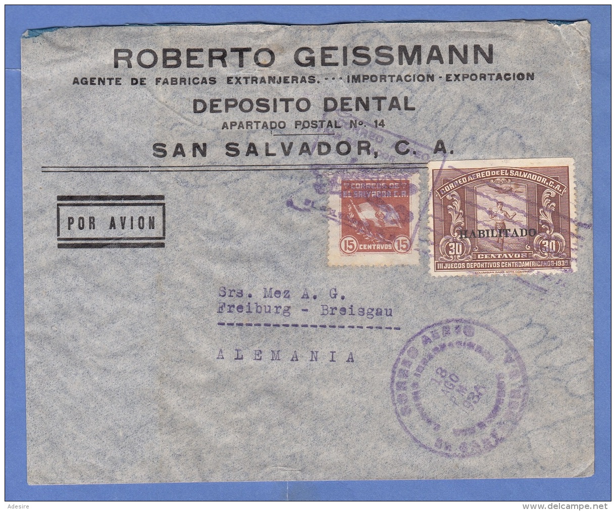 SAN SALVADOR 1936 - Seltene 2 Fach Frankierung Auf LP-Firmenbrief, Sonderstempel, Gel.nach Freiburg Im Breisgau - El Salvador