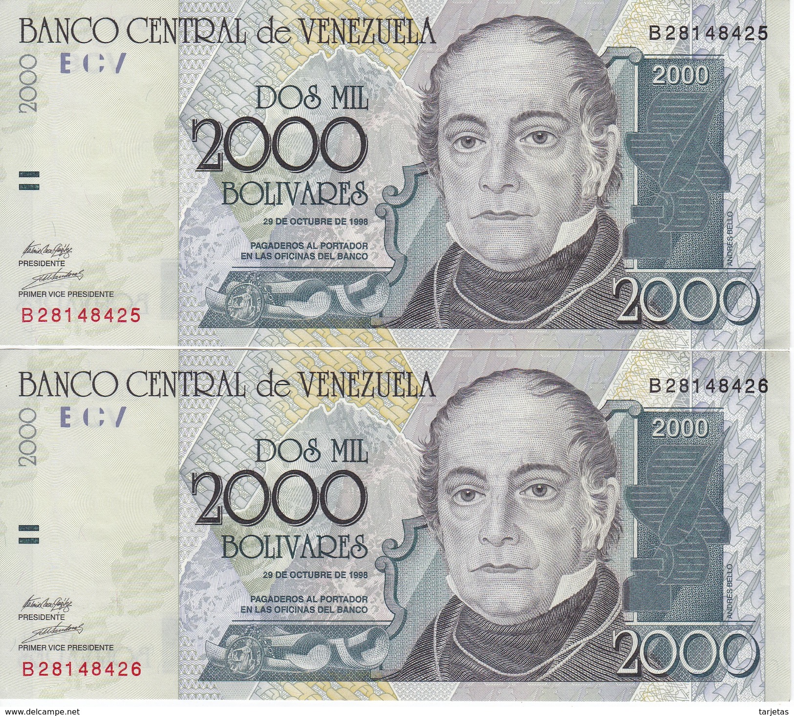 PAREJA CORRELATIVA DE VENEZUELA DE 2000 BOLIVARES DEL AÑO 1998 EN CALIDAD EBC (XF) (BANKNOTE) - Venezuela