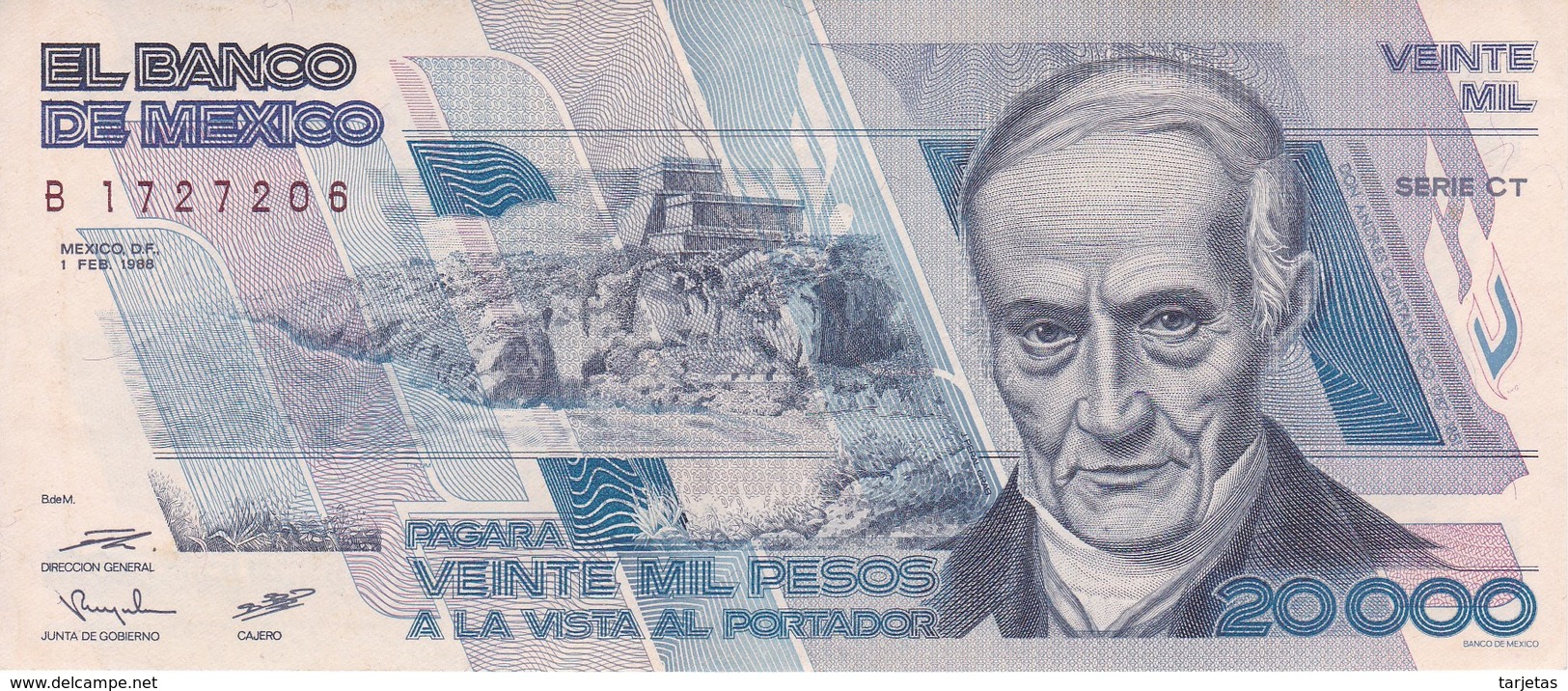 BILLETE DE MEXICO DE 20000 PESOS AÑO 1988 DE ANDRES QUINTANA EN CALIDAD EBC (XF)   (BANKNOTE) - Mexiko