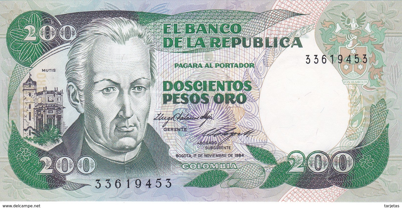 BILLETE DE COLOMBIA DE 200 PESOS DE ORO DEL AÑO 1984  (BANK NOTE) SIN CIRCULAR-UNCIRCULATED - Colombia