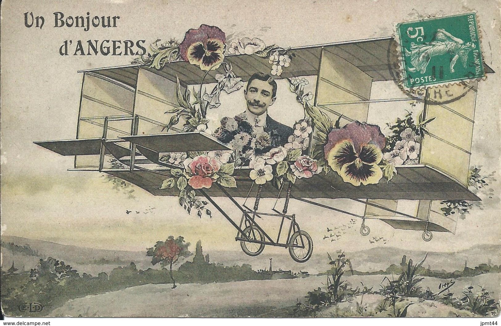 Un Bonjour D'Angers... Avion Biplan. Fleurs/pensées. - Angers