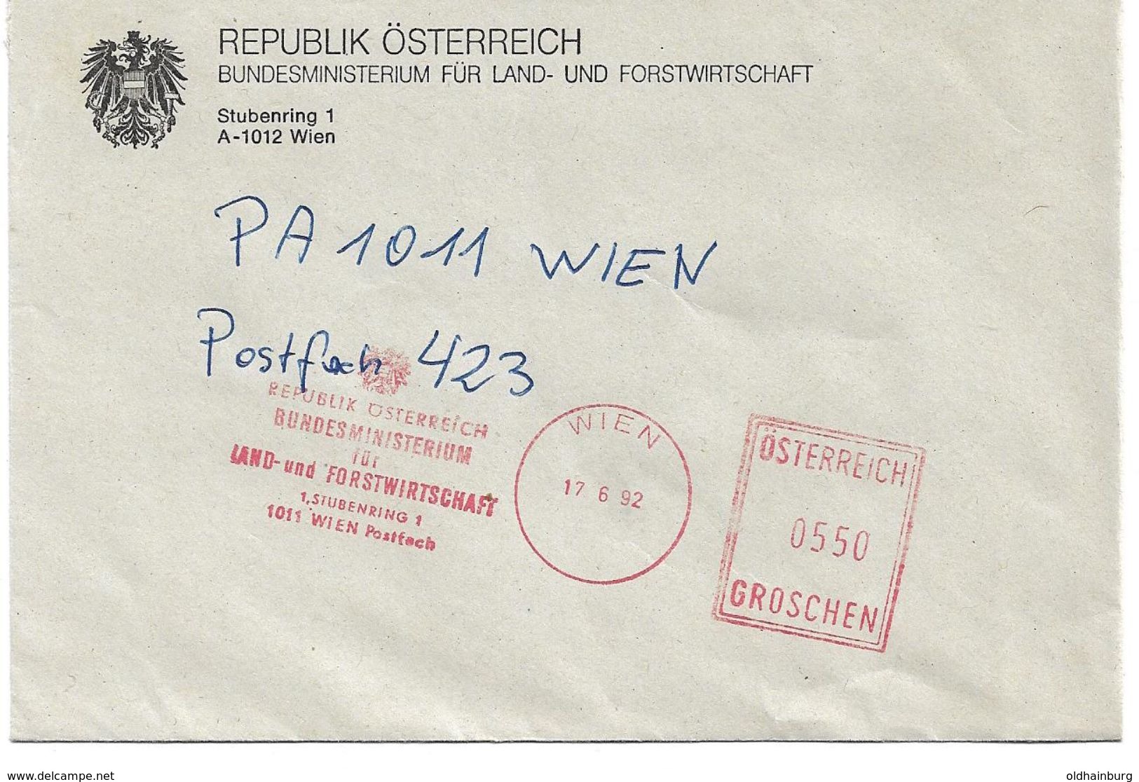 4156a: Freistempelbeleg Landwirtschaftsministerium Österreich 17.6.92 - Agriculture