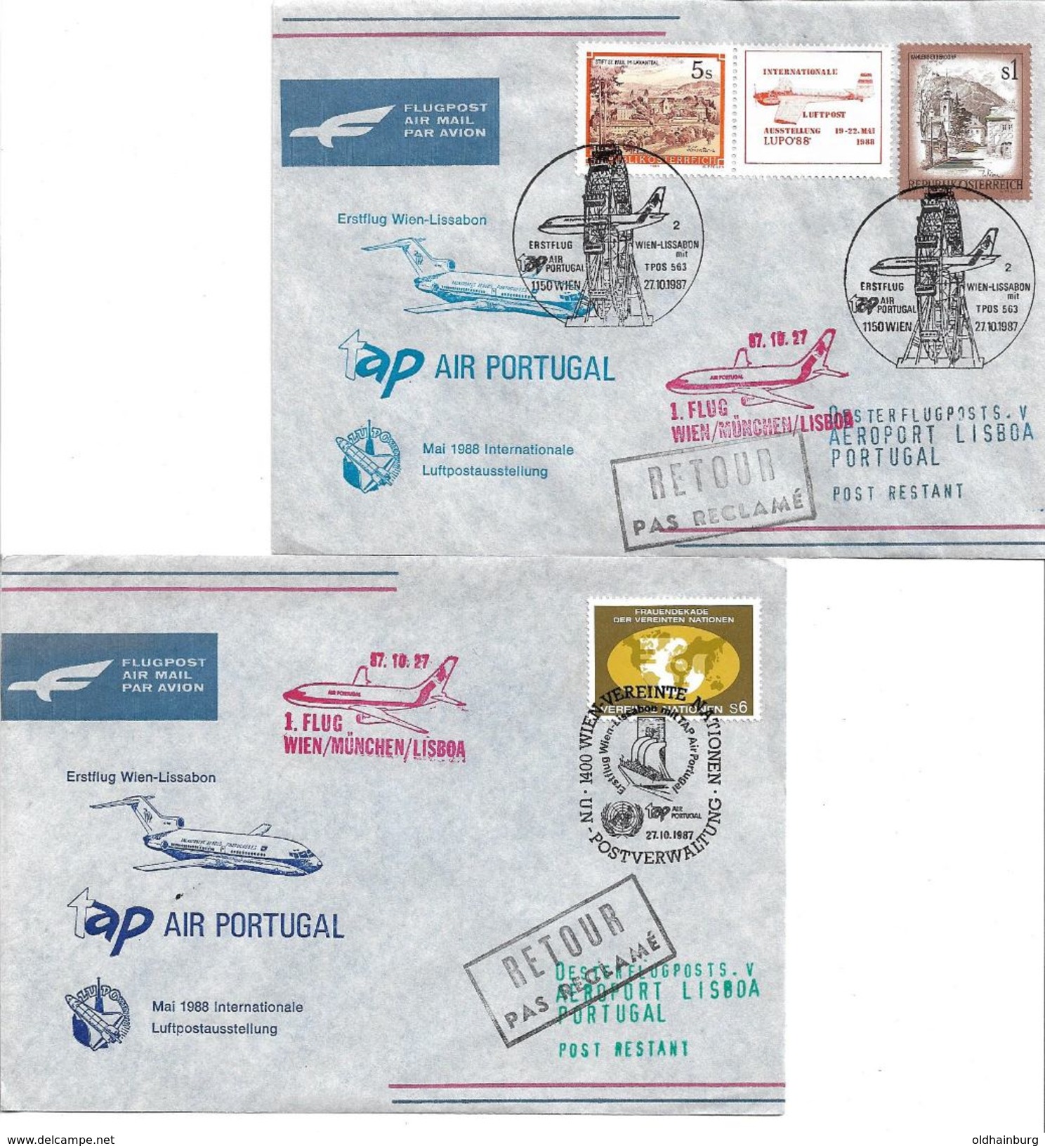 4156b: Zweimal Erstflug Wien- Lissabon Tap Air Portugal 1988 - Lettres & Documents