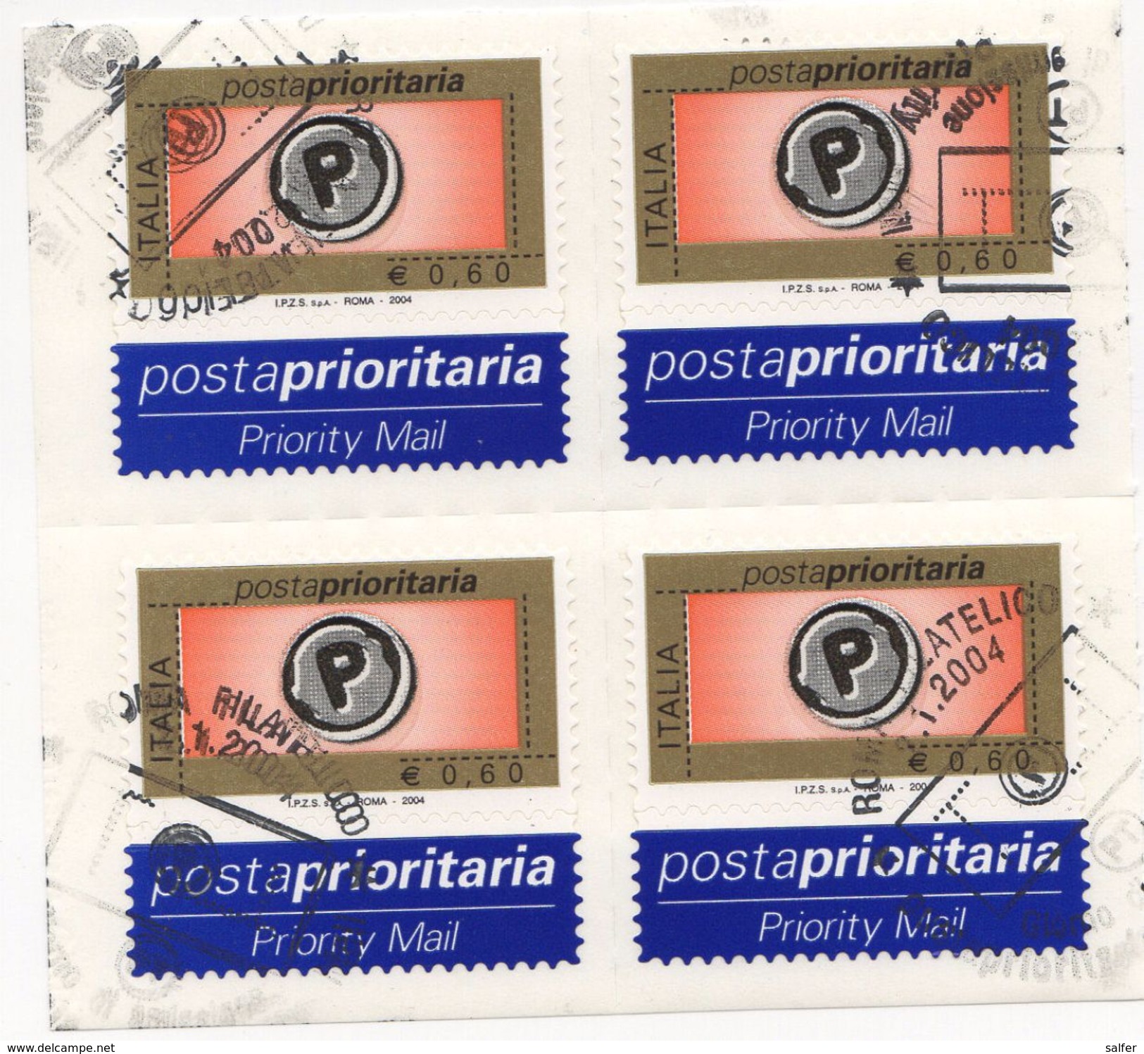 ITALIA  2004 POSTA PRIORITARIA  &euro; 0,60 X 4 Usato / Used 1° Giorno - 2001-10: Usati
