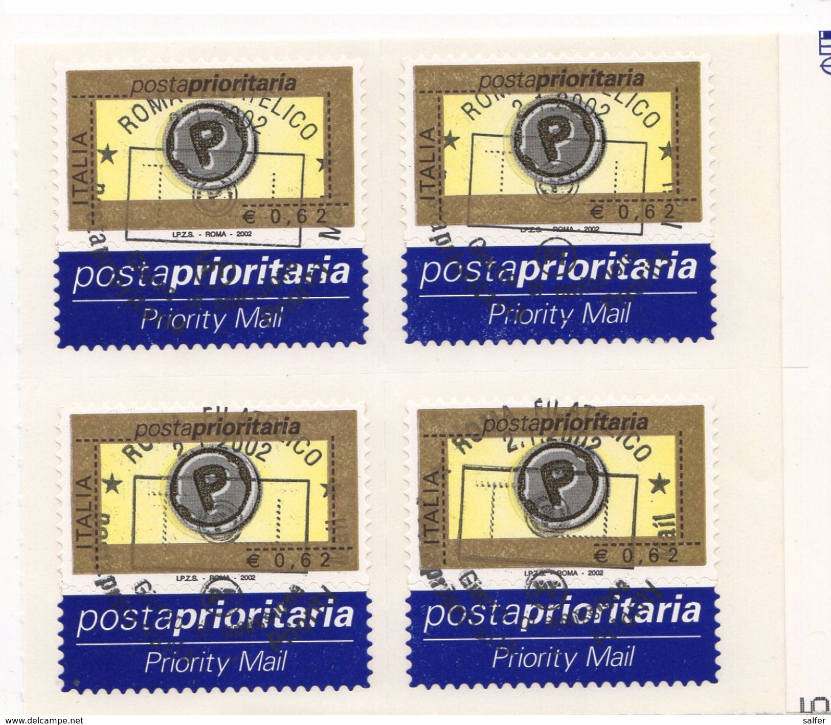 ITALIA  2002 POSTA PRIORITARIA  &euro; 0,62 X 4 Usato / Used 1° Giorno - 2001-10: Usati