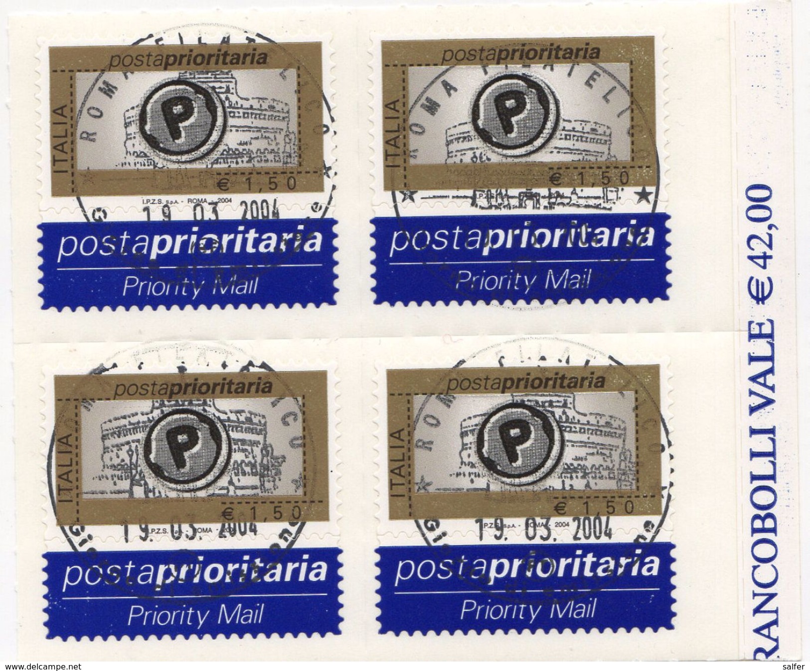 ITALIA  2004 POSTA PRIORITARIA  &euro; 1,50 X 4 Usato / Used 1° Giorno - 2001-10: Usati