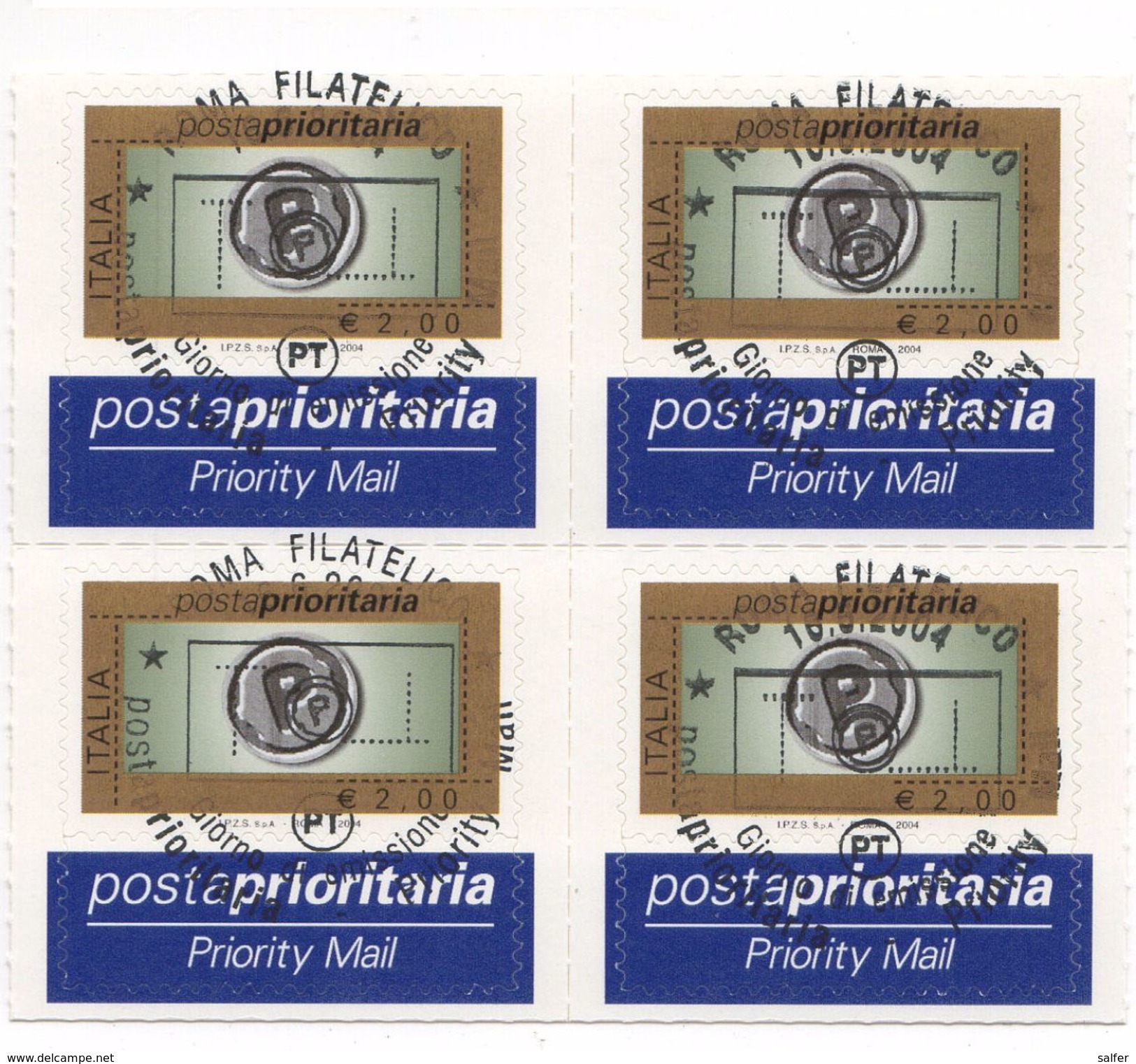 ITALIA  2004 POSTA PRIORITARIA  &euro; 2,00 X 4 Usato / Used 1° Giorno - 2001-10: Used