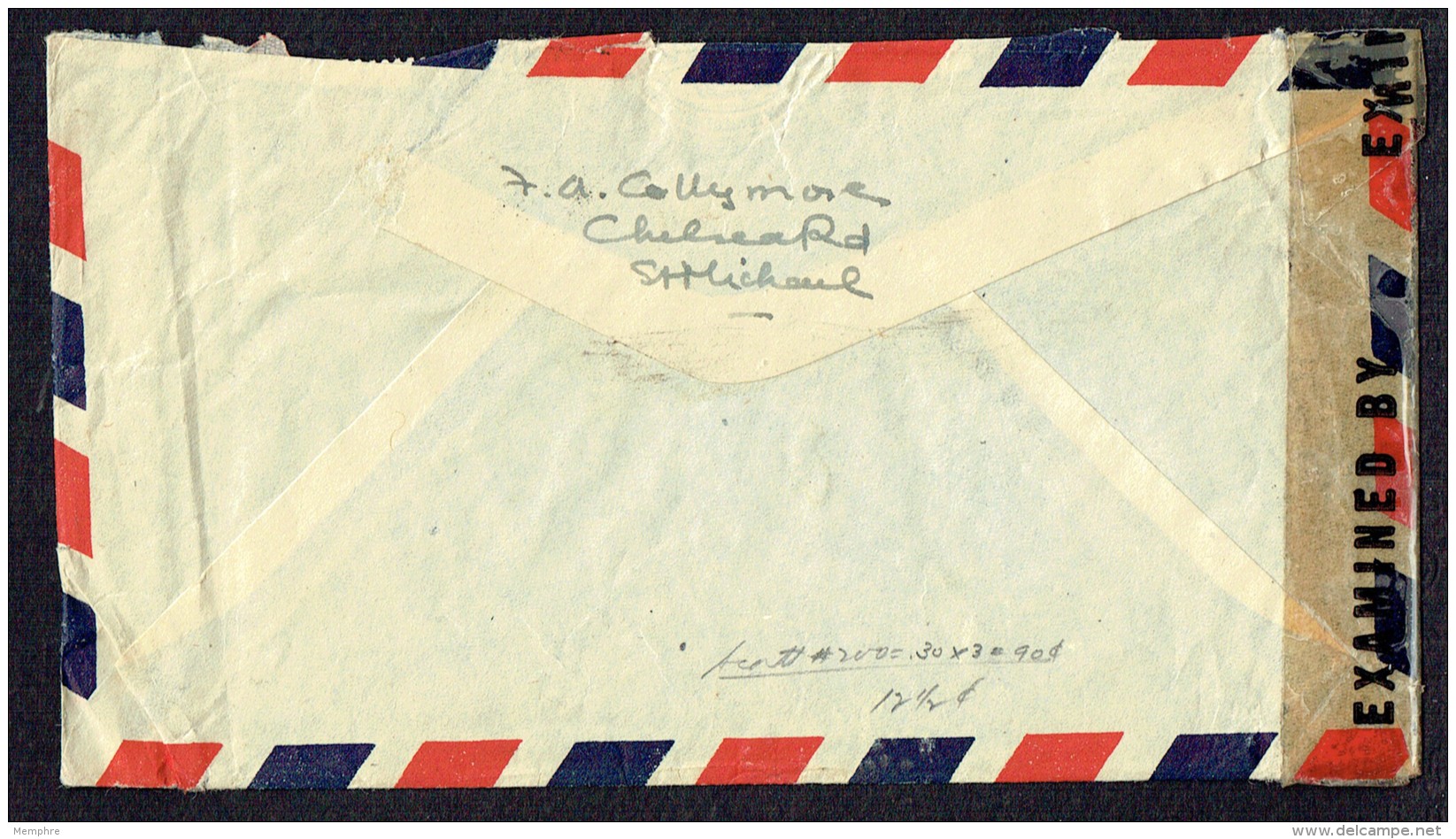 1941 Air Mail Letter To USA  SG 255 X3  USA Censor TPE - Barbados (...-1966)