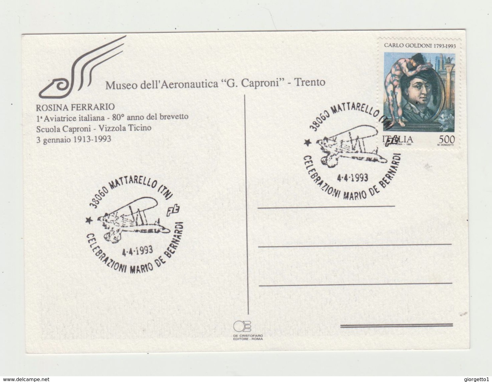 TRENTO . MUSEO AERONAUTICA G. CAPRONI - CARTOLINA CELEBRAZIONI MARIO DE BERNARDI 04.04.1993 POSTCARD - AVIATRICE ITALIAN - Esposizioni