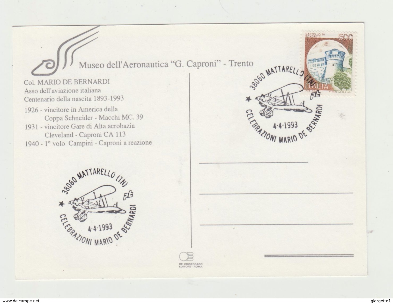 TRENTO - MUSEO AERONAUTICA G. CAPRONI - CELEBRAZIONI CENTENARIO NASCITA  MARIO DE BERNARDI 04.04.1993 - Esposizioni