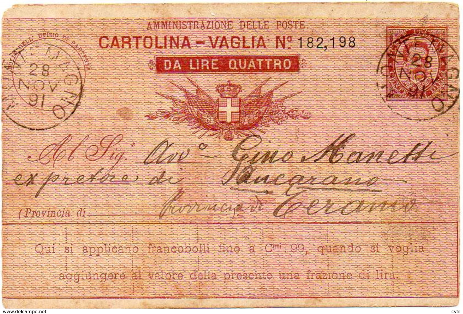 ITALY / ITALIA 1891. Entire Money Order Card. Cartolina-Vaglia Da Lire 4, Tipo B - Entiers Postaux