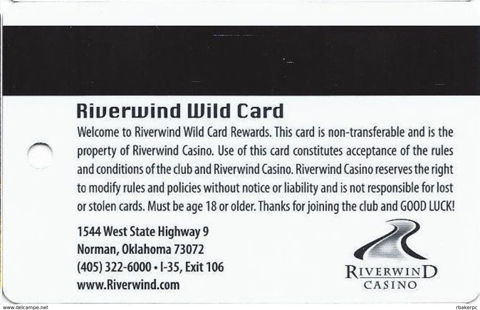 RiverWind Casino - Norman, OK USA - 5th Issue Slot Card - 67mm Wide Text/last Line Starts 'or Stolen Cards' - Casino Cards