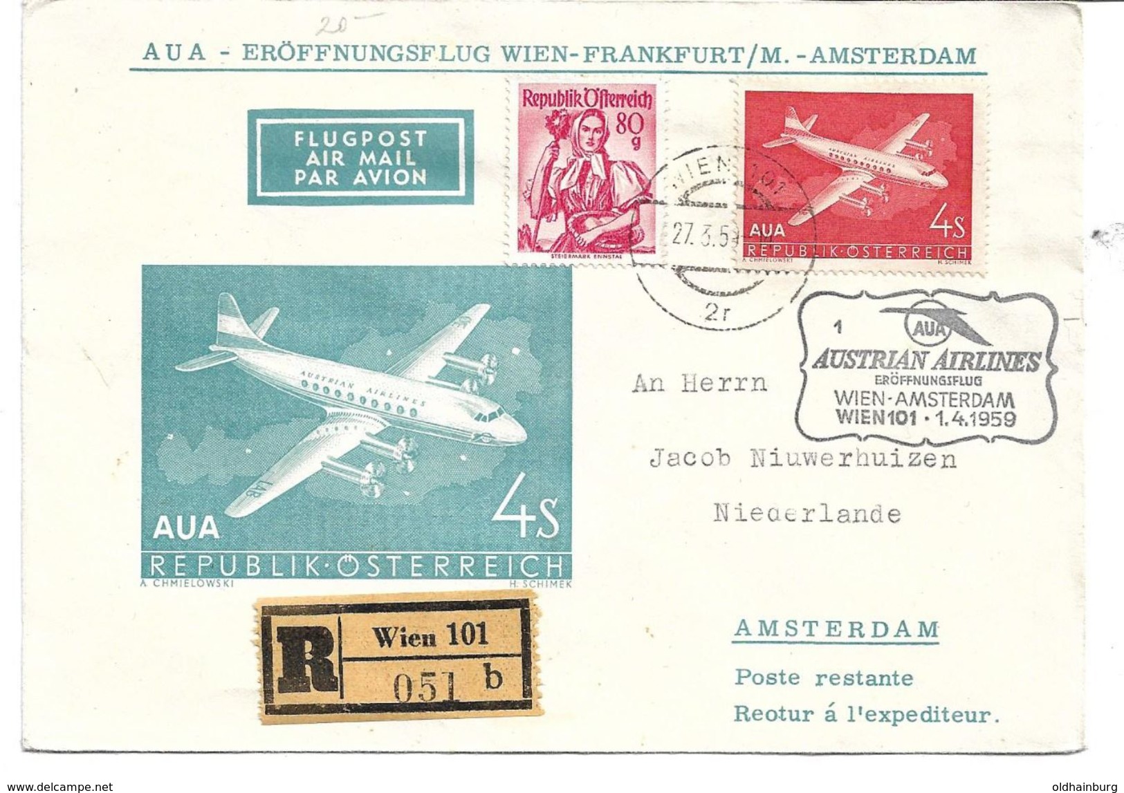 4156n1: Erstflug Austrian Airlines Wien- Amsterdam, Zuleitung Österreich, 1959 - Briefe U. Dokumente