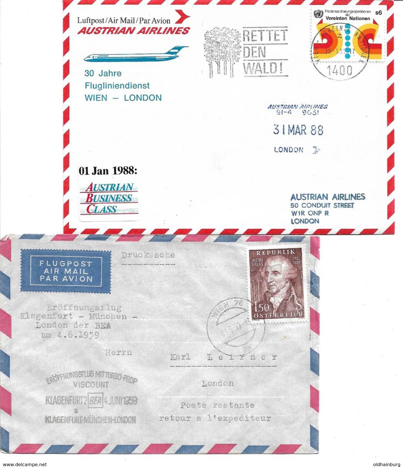 4156m: Erstflug Austrian Airlines Wien- London, 2 Belege - Material Postal