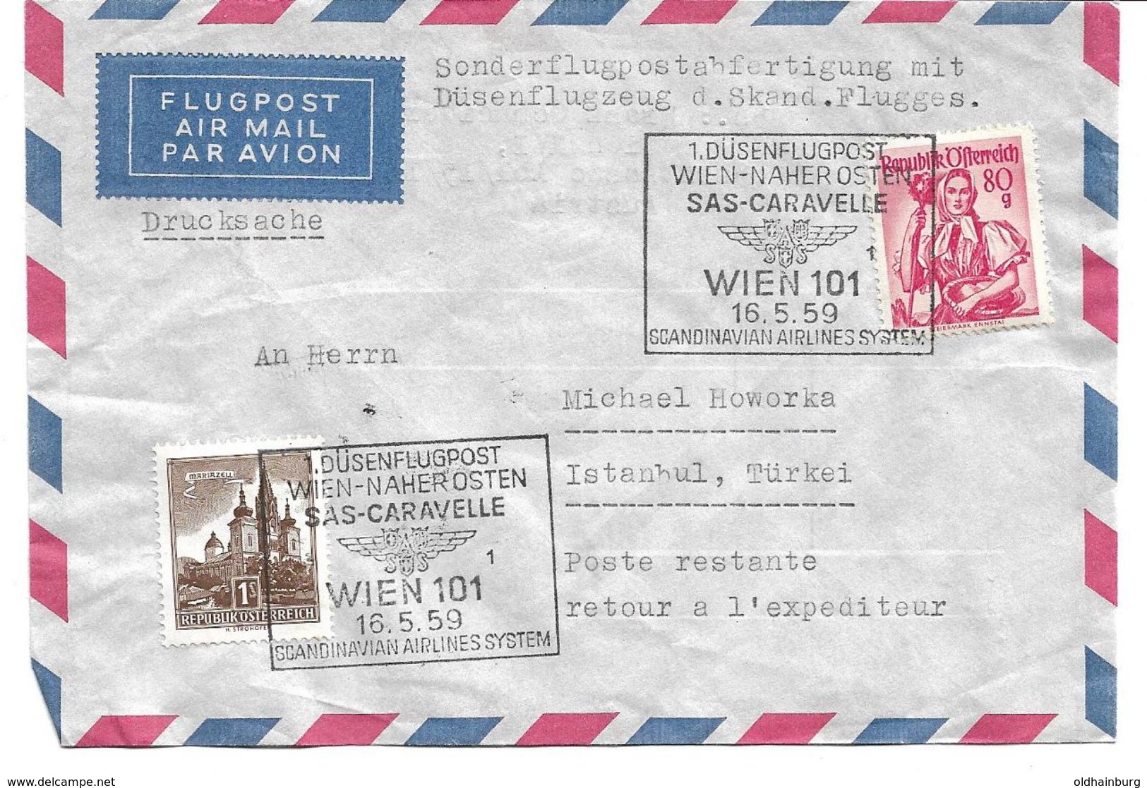 4156g: Erstflug Sas- Caravelle Wien- Istanbul, Zuleitung Österreich - Briefe U. Dokumente