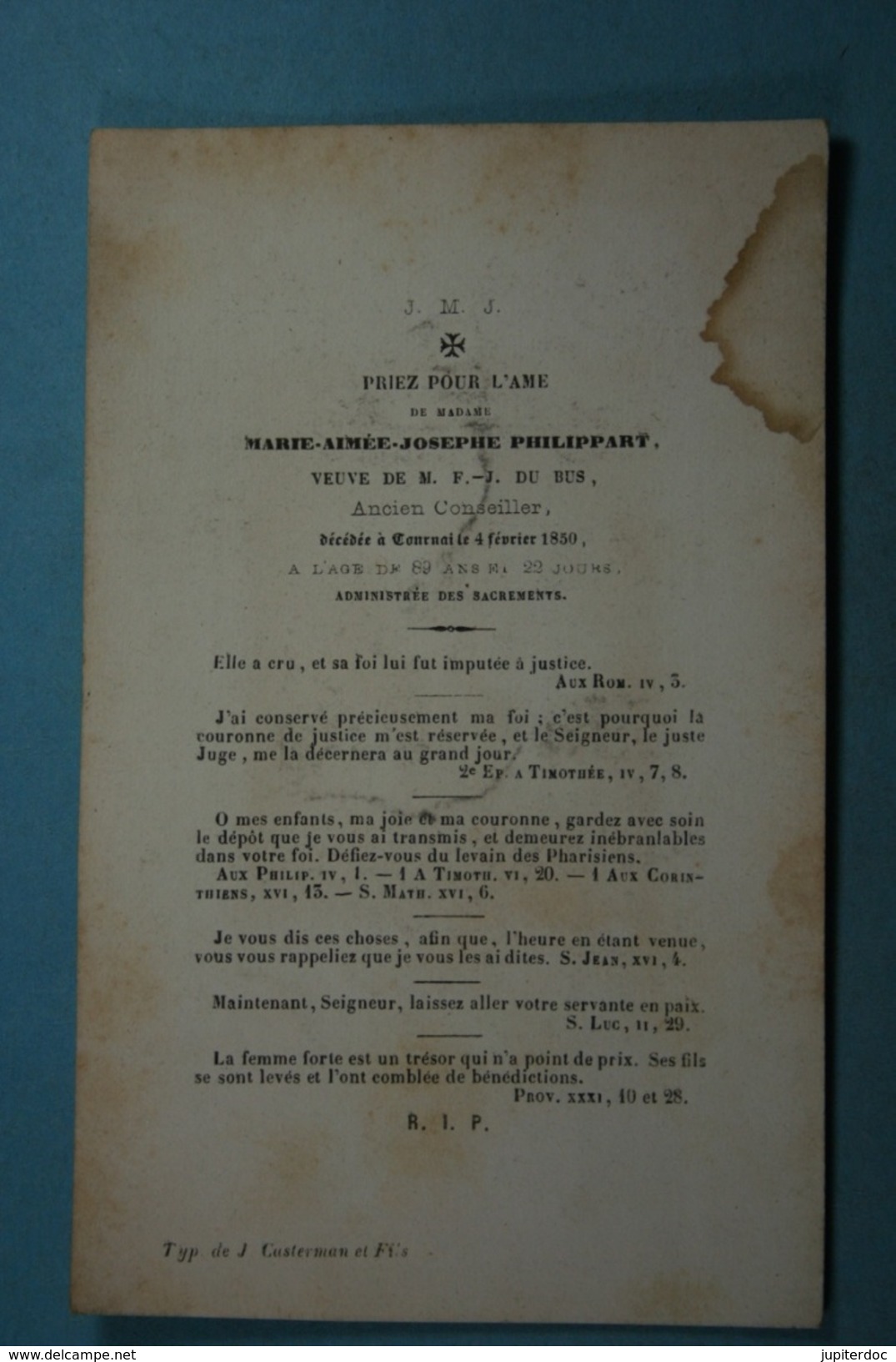 Marie Philippart Vve Du Bus Tournai 1850 /052/ - Images Religieuses