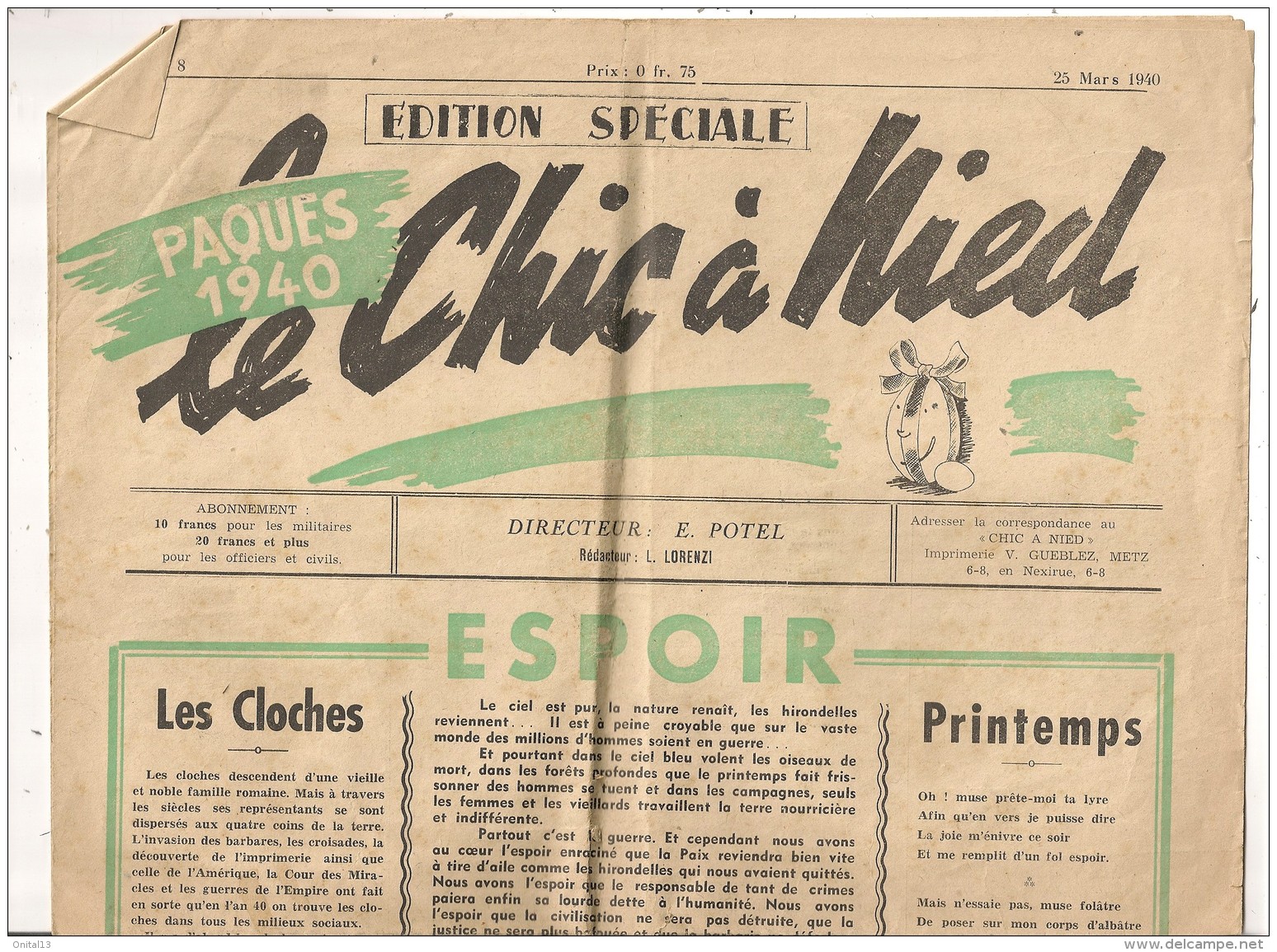 JOURNAL LE CHIC A NIED 25 MARS 1940 N°8   Journal Du 21e Bataillon Du 162e RIF ?  MILITARIA - Documenten