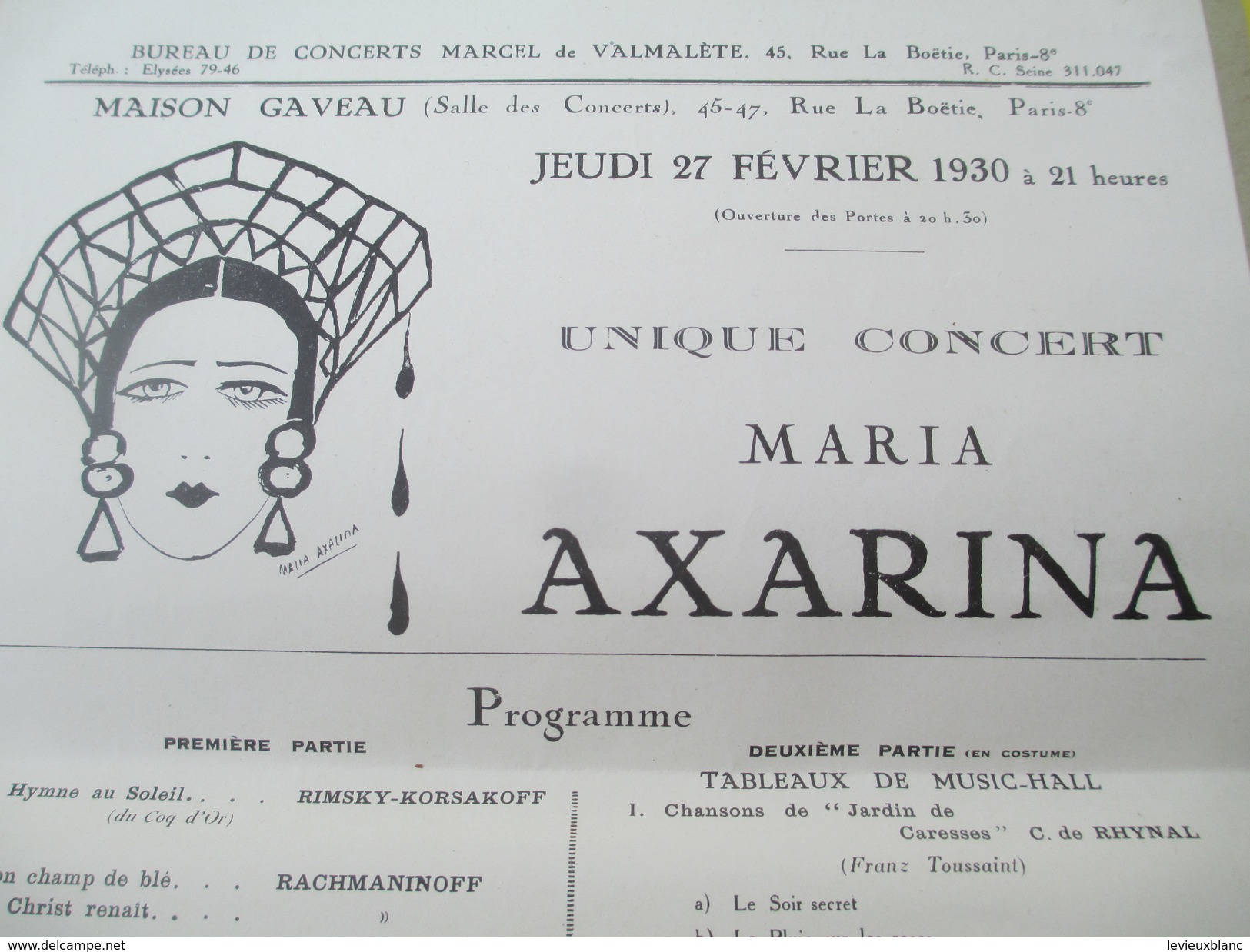 Programme/Maison Gaveau/Concerts De Valmaléte/Maria Axarina/Kouznetzova/Paris /1930                              PROG150 - Programmes