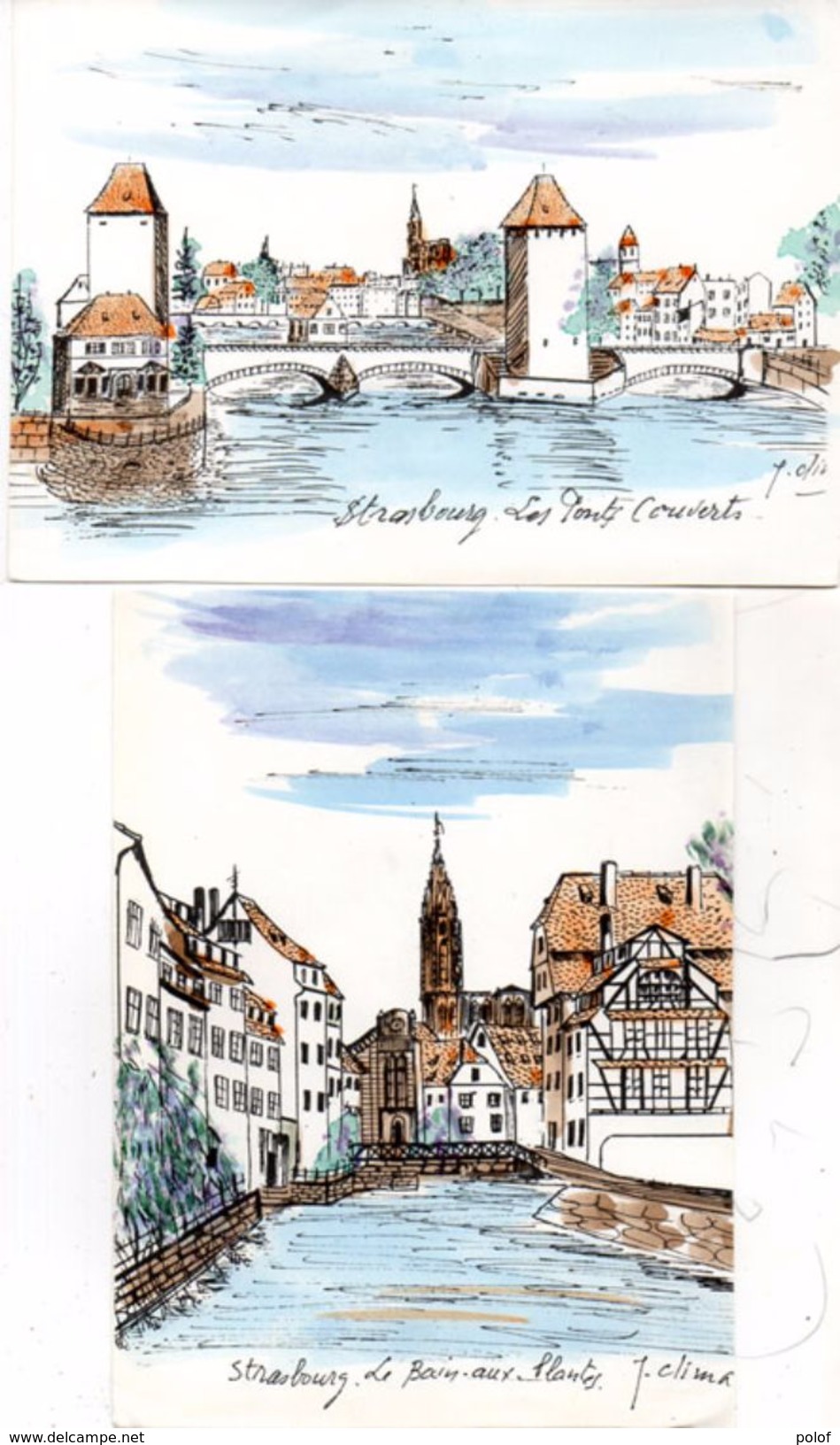 STRASBOURG - Les Ponts Couverts - Le Bain Aux Plantes - 2 Aquarelles Au Format 15 X 11 Cms Signés J. Climk ?    (98193) - Strasbourg