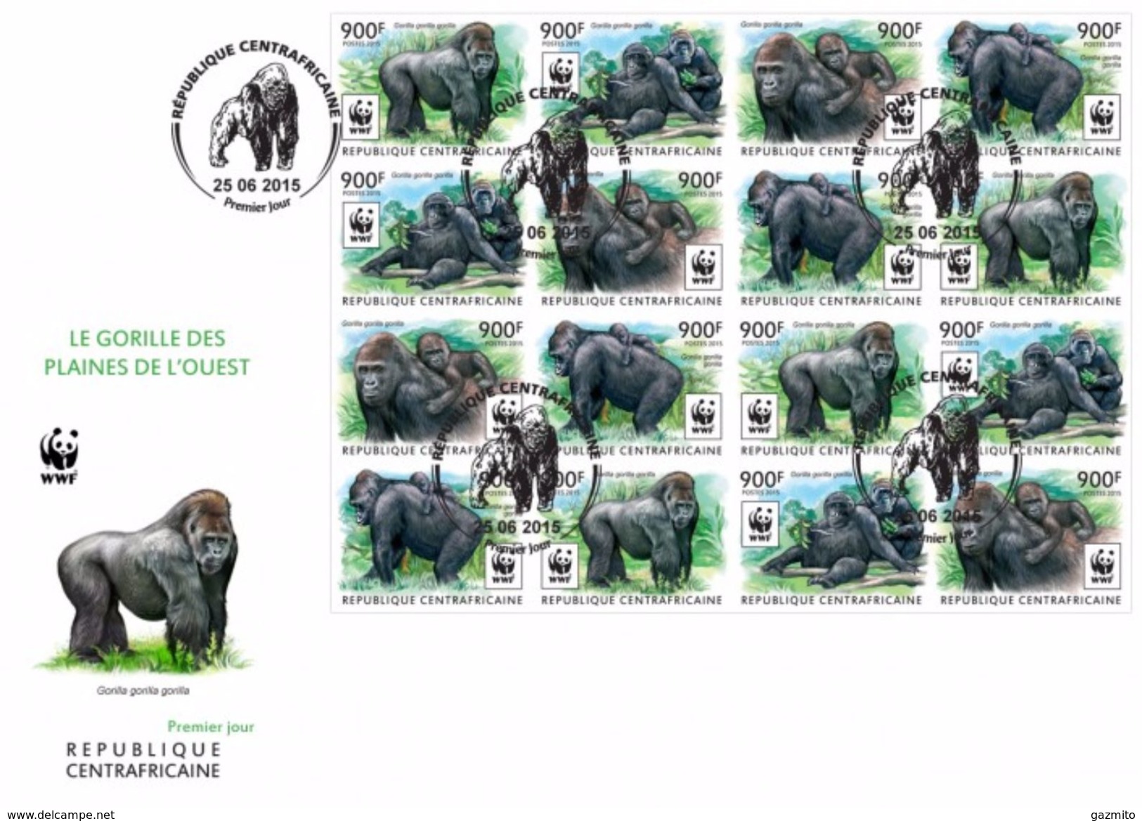 Centrafrica 2015, WWF, Gorillas, 18val In BF IMPERFORATED In FDC - Gorilla's