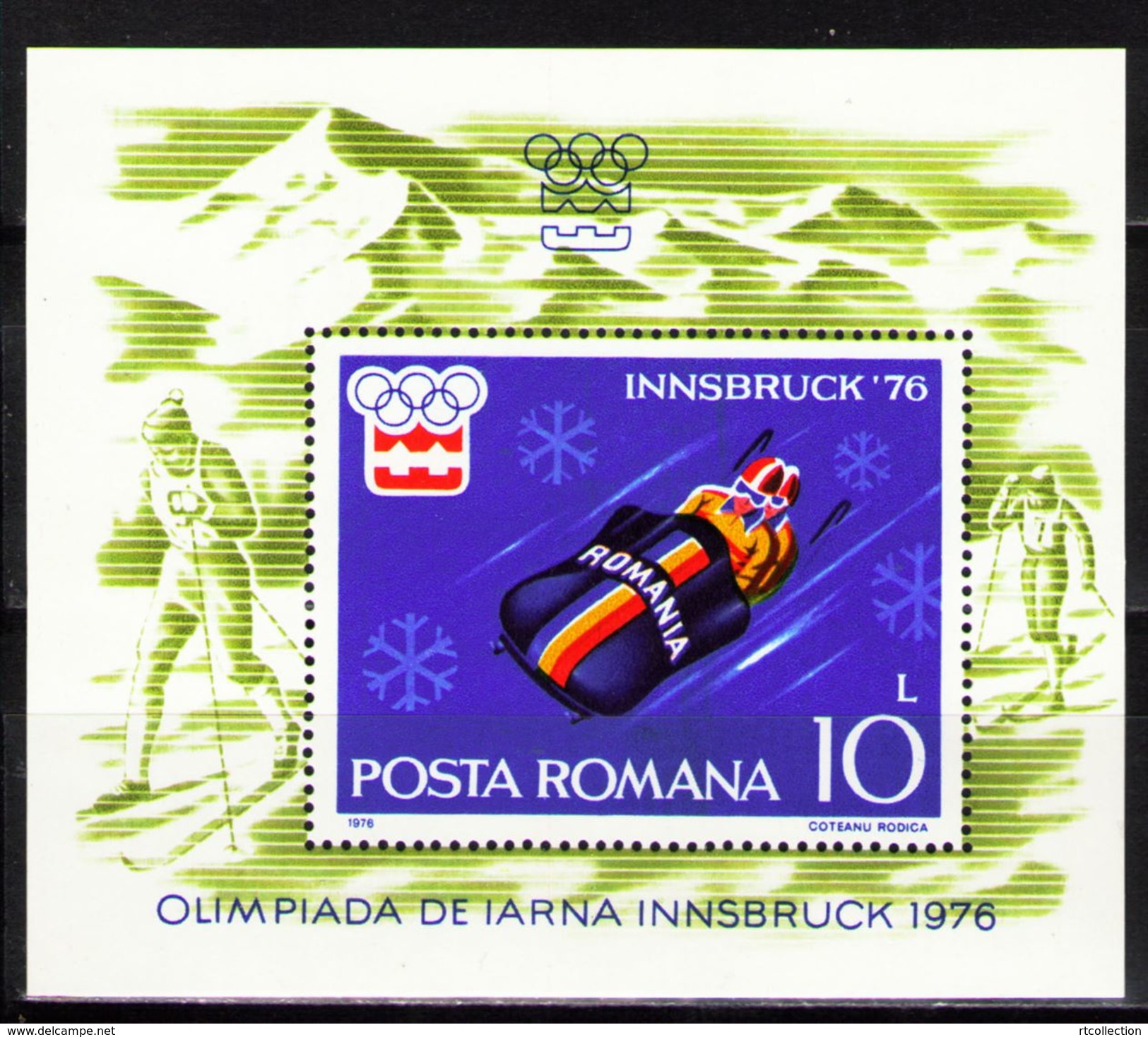 Romania 1976 Winter Olympic Games INNSBRUCK Sports Skiing Bobsleigh Skateboard Stamps MNH Scott 2602  Michel BLK128 - Skateboard