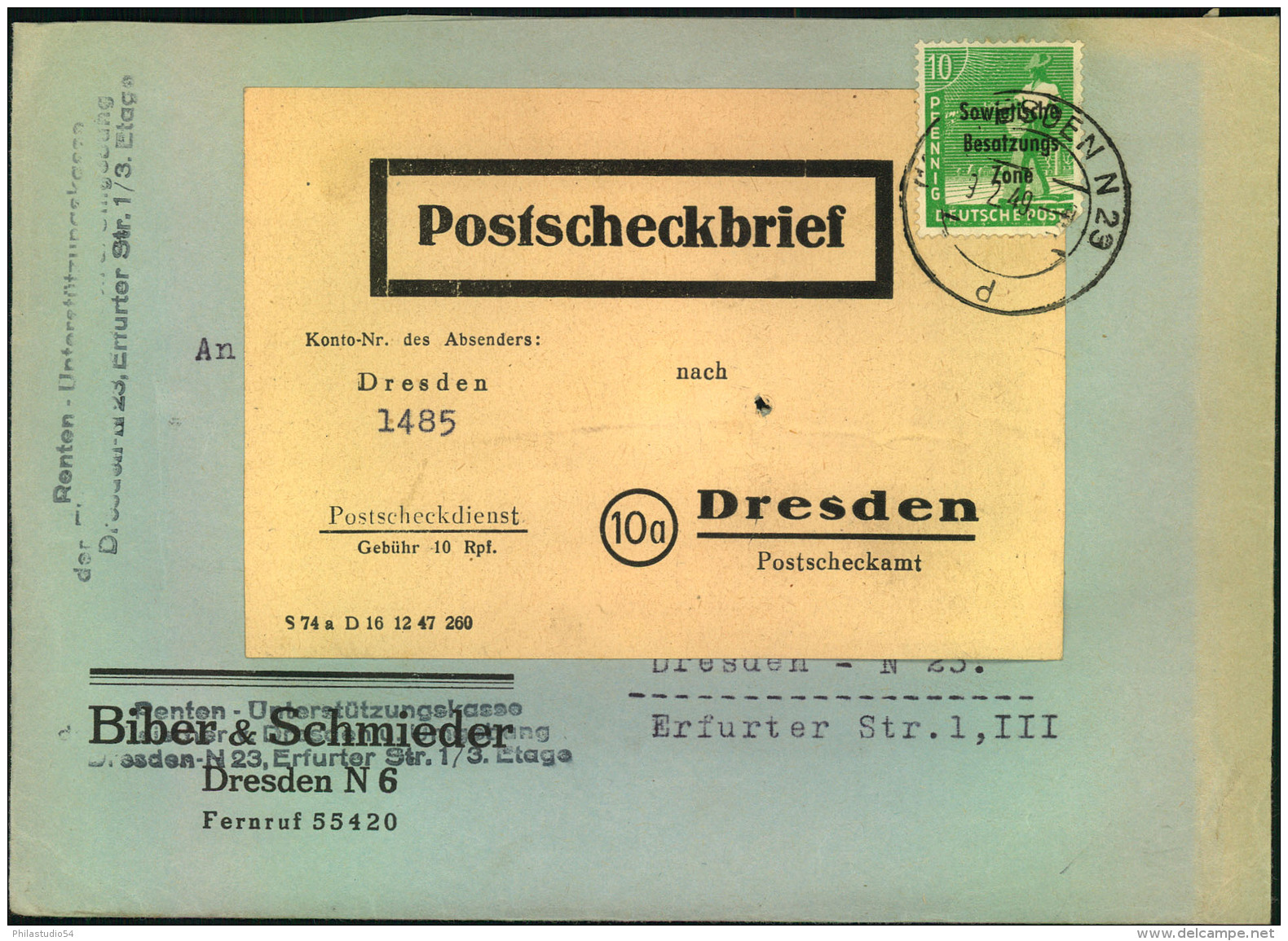 1949, Postscheckbrief Mit EF 10 Pfg. AS Masch. Aufdruck Ab DRESDEN N 23 - Sonstige & Ohne Zuordnung