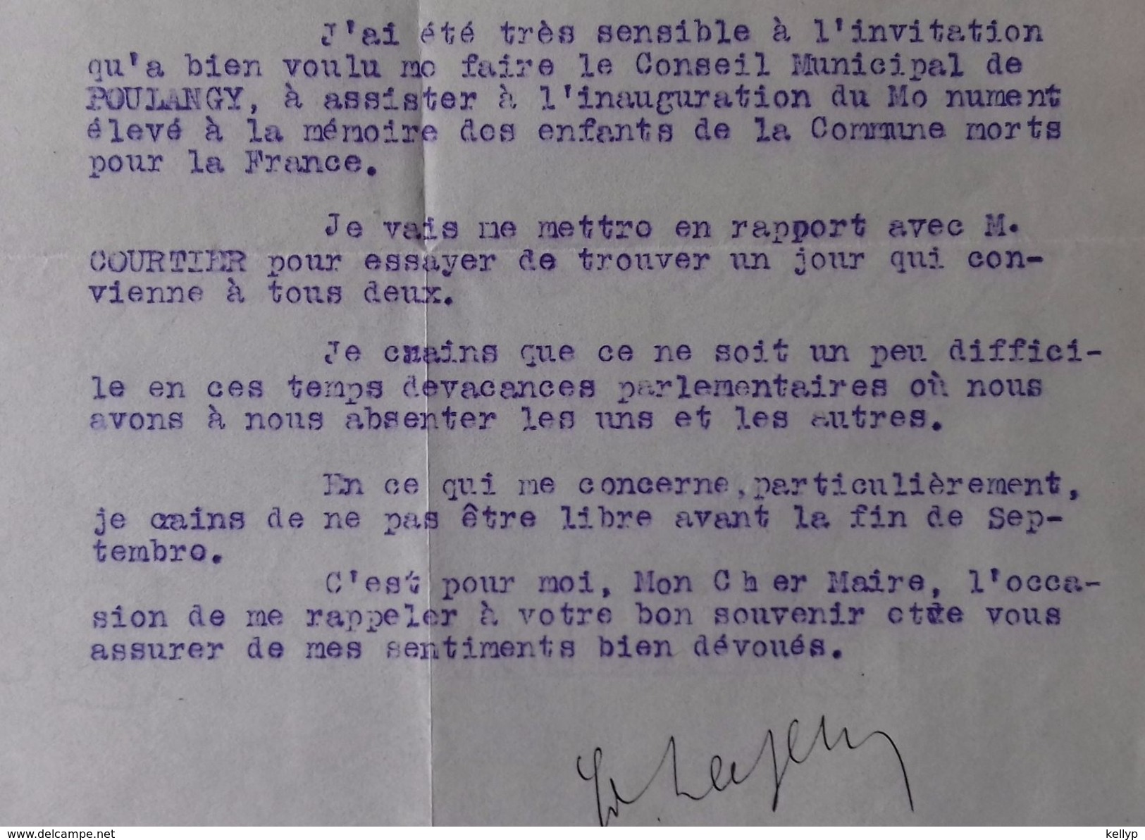 Lettre Du Député DESSEIN Au Maire De POULANGY 52 Inauguration De Monument 1923 Lettre Signée Du Député Edouard DESSEIN - Autres & Non Classés