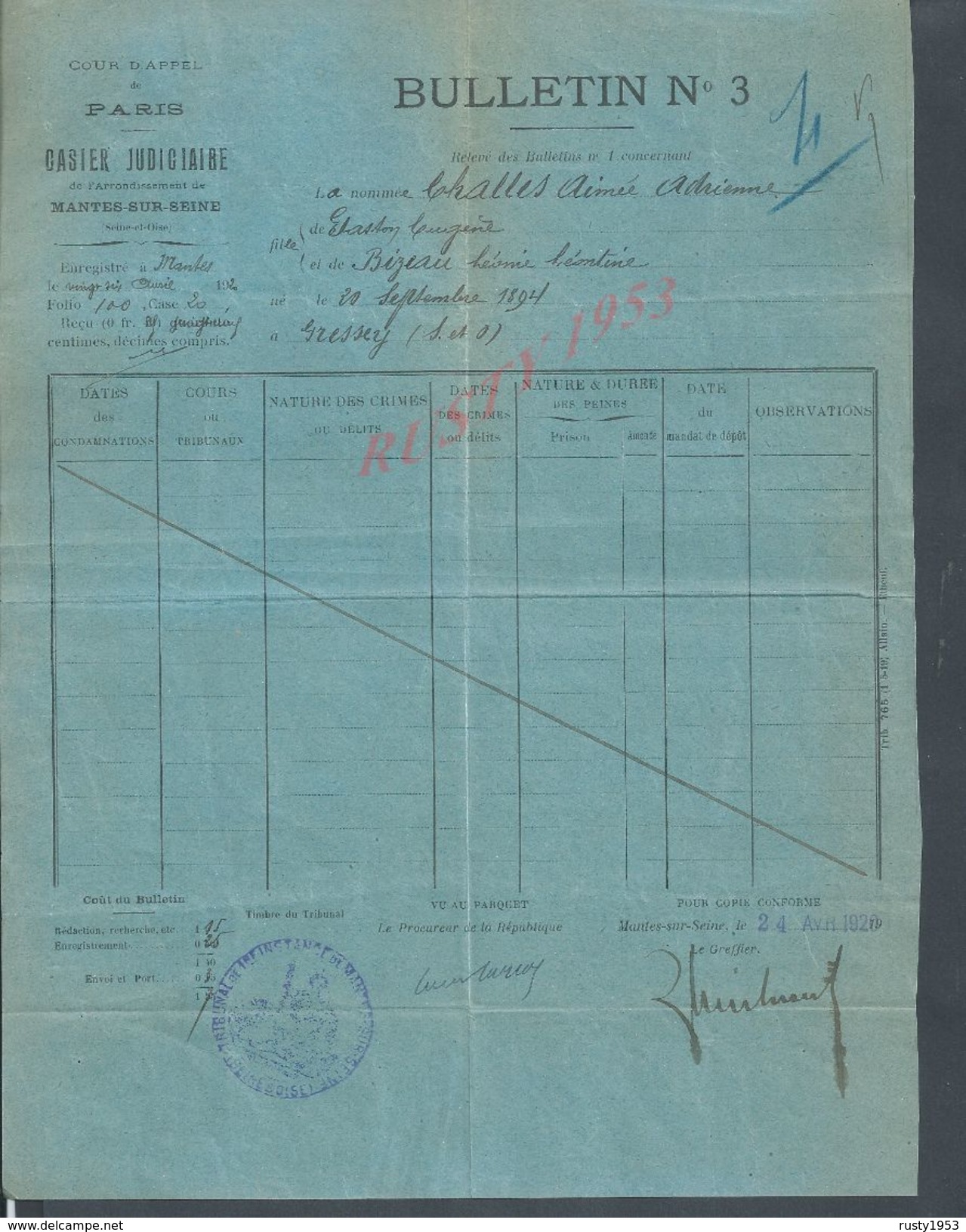 MILITARIA NANTES SUR SEINE X PARIS 1920 BULLETIN DE CASIER JUDICIAIRE DE CHALLES AIMÉE ADRIENNE NÉ À GRESSEY : - Documents